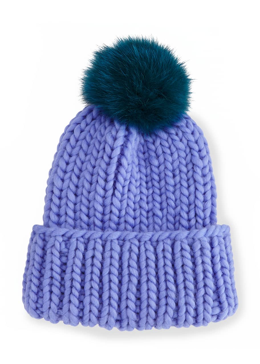 Image 1 of 1: Rain Hat with Fur Pom Pom, Periwinkle/Teal