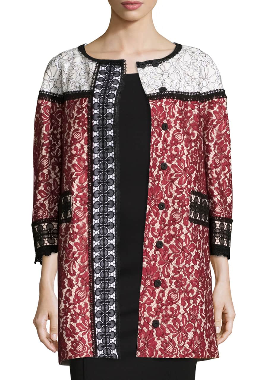 Image 1 of 1: 3/4-Sleeve Colorblock Lace Coat, Cherry