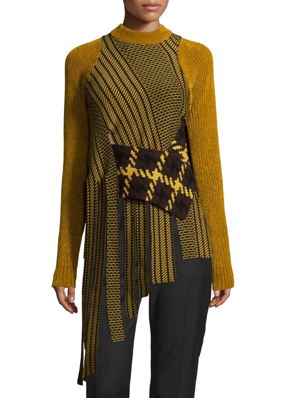 Image 1 of 1: Draped Jacquard Crewneck Pullover Sweater, Dark Sulfur