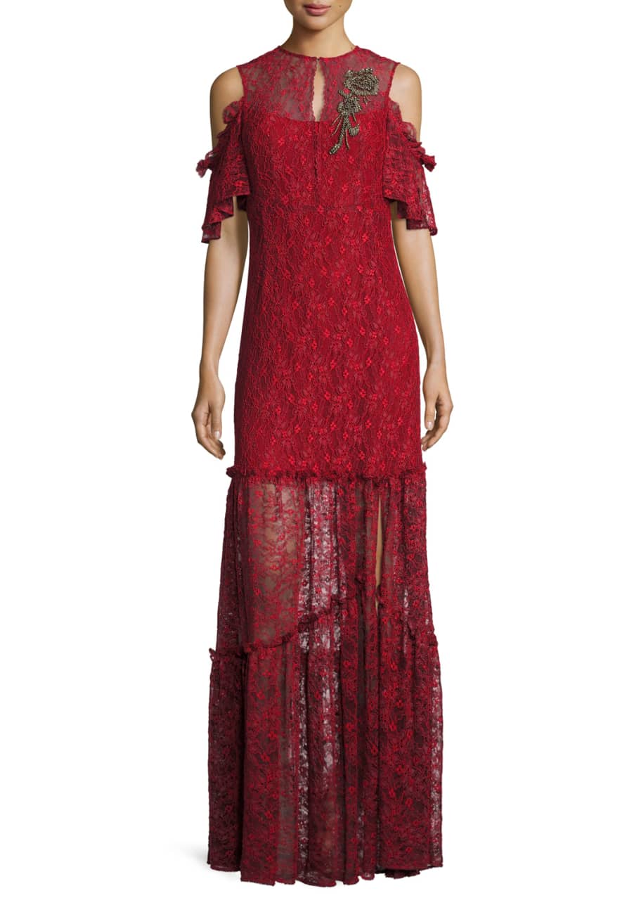 Image 1 of 1: Embellished Cold-Shoulder Lace Gown, Crimson