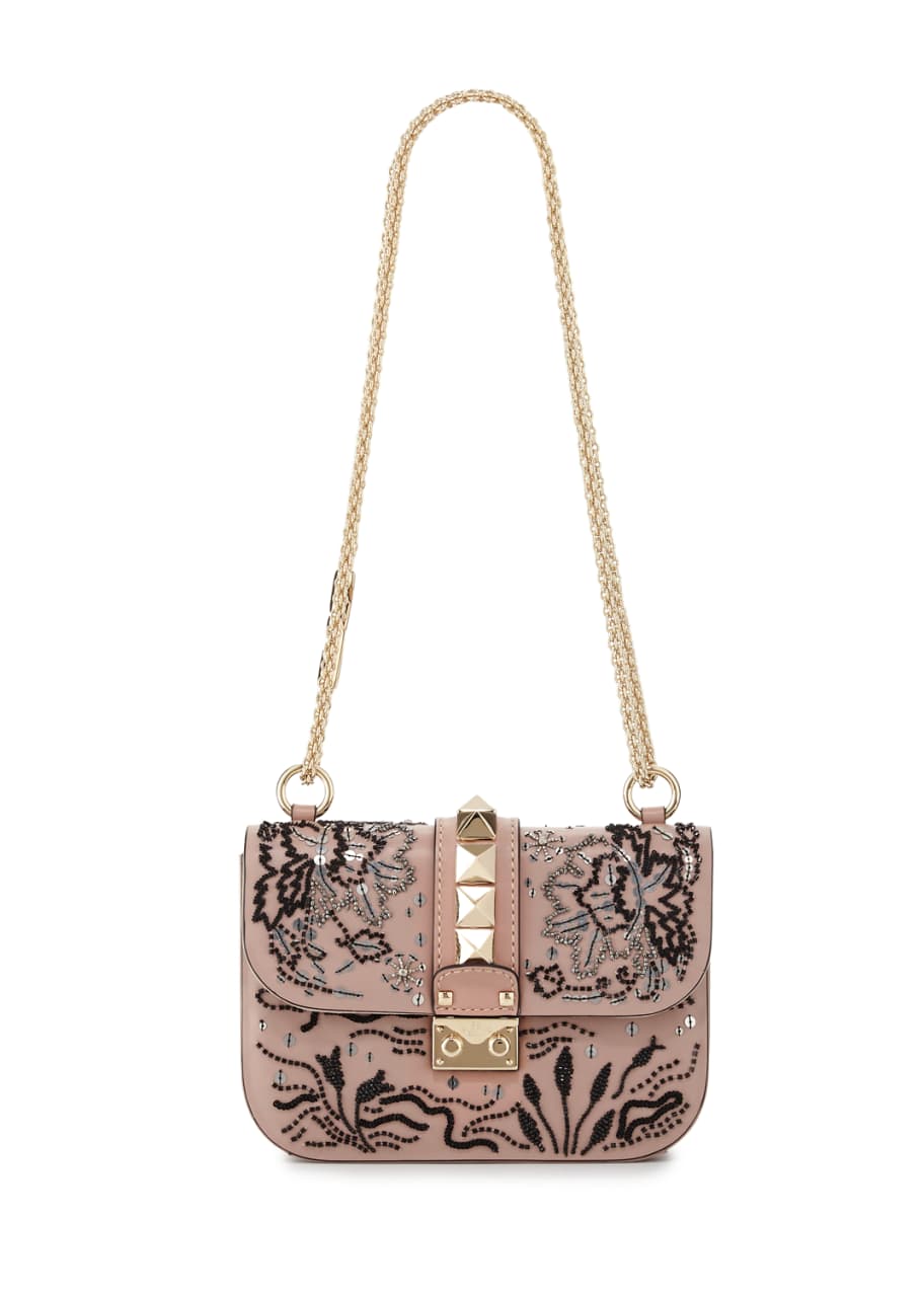 Image 1 of 1: Lock Small Beaded Floral Shoulder Bag, Light Pink