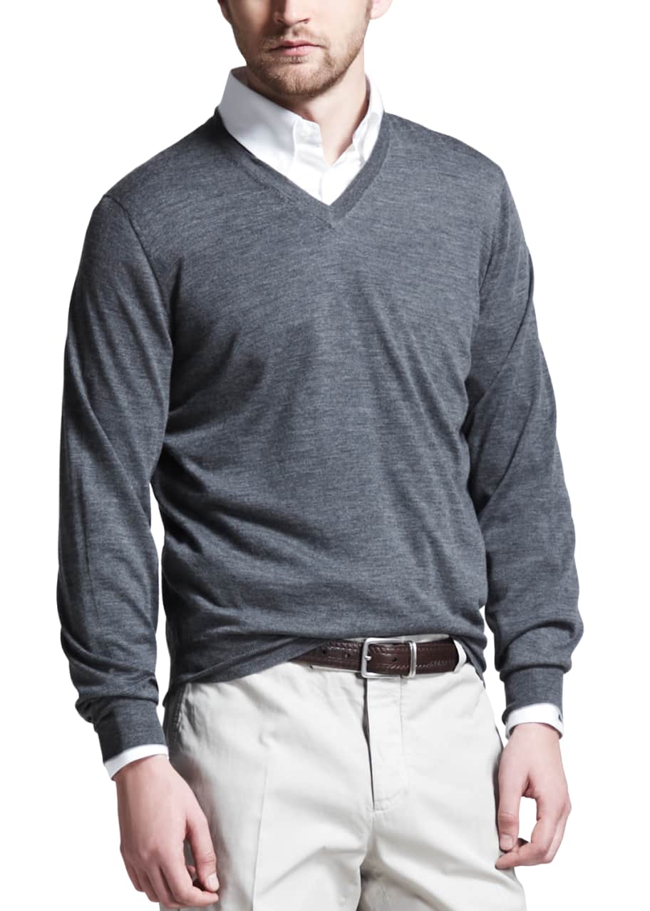 Image 1 of 1: Fine-Gauge Tipped V-Neck Sweater, Gray