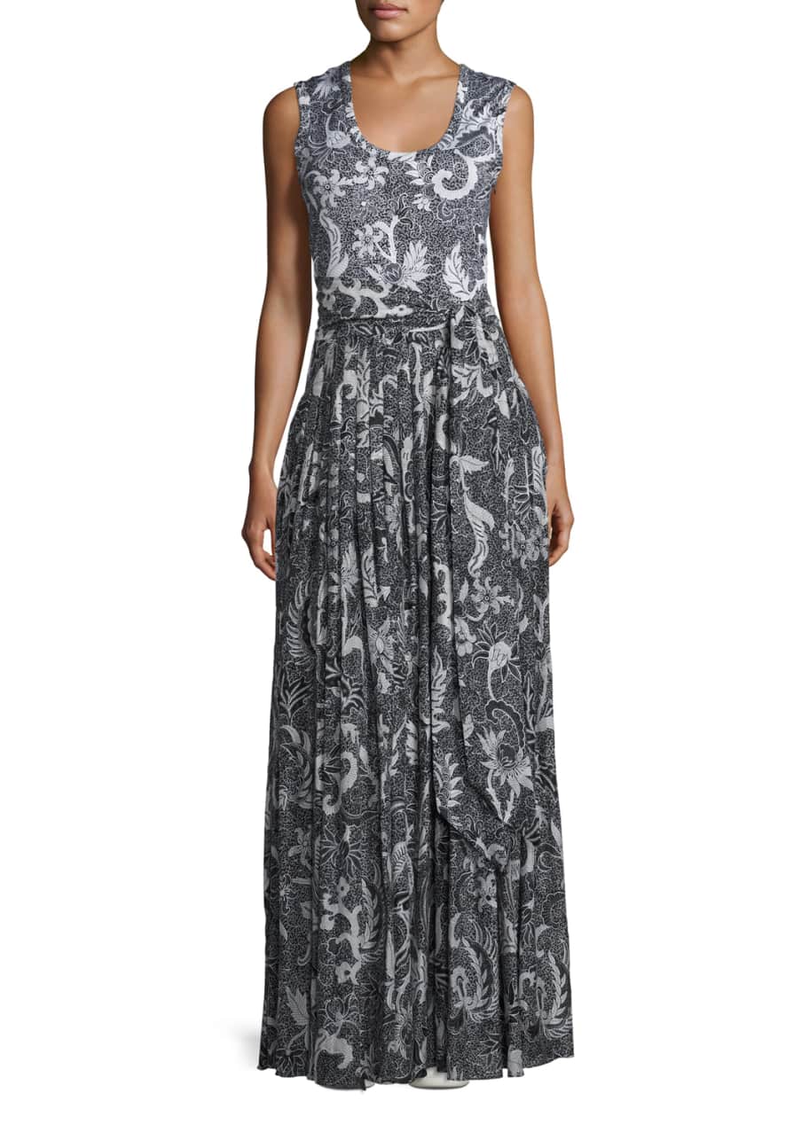 Image 1 of 1: Floral-Print Cotton-Silk Sleeveless Maxi Dress, Black