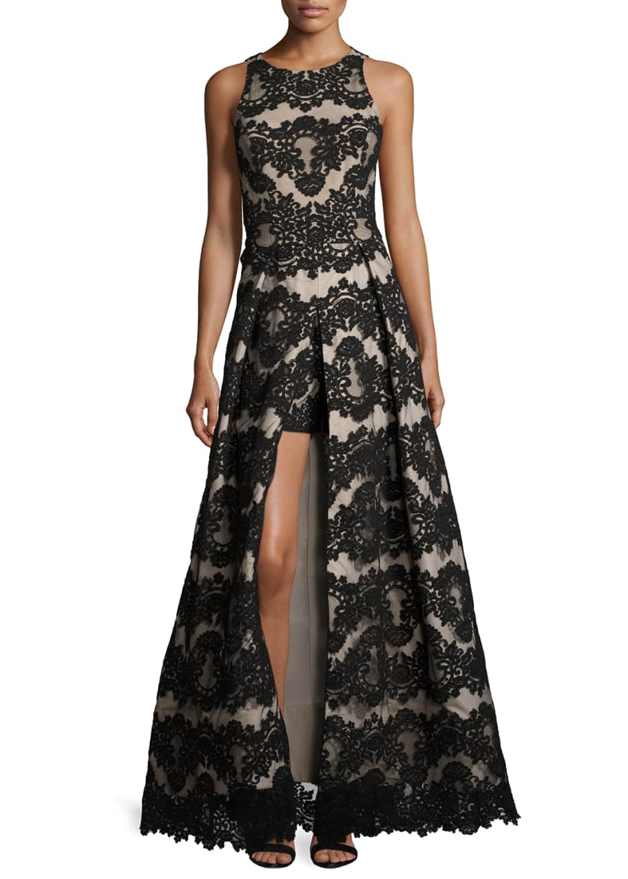 Image 1 of 1: Richie Sleeveless Lace Romper Gown, Black/Nude