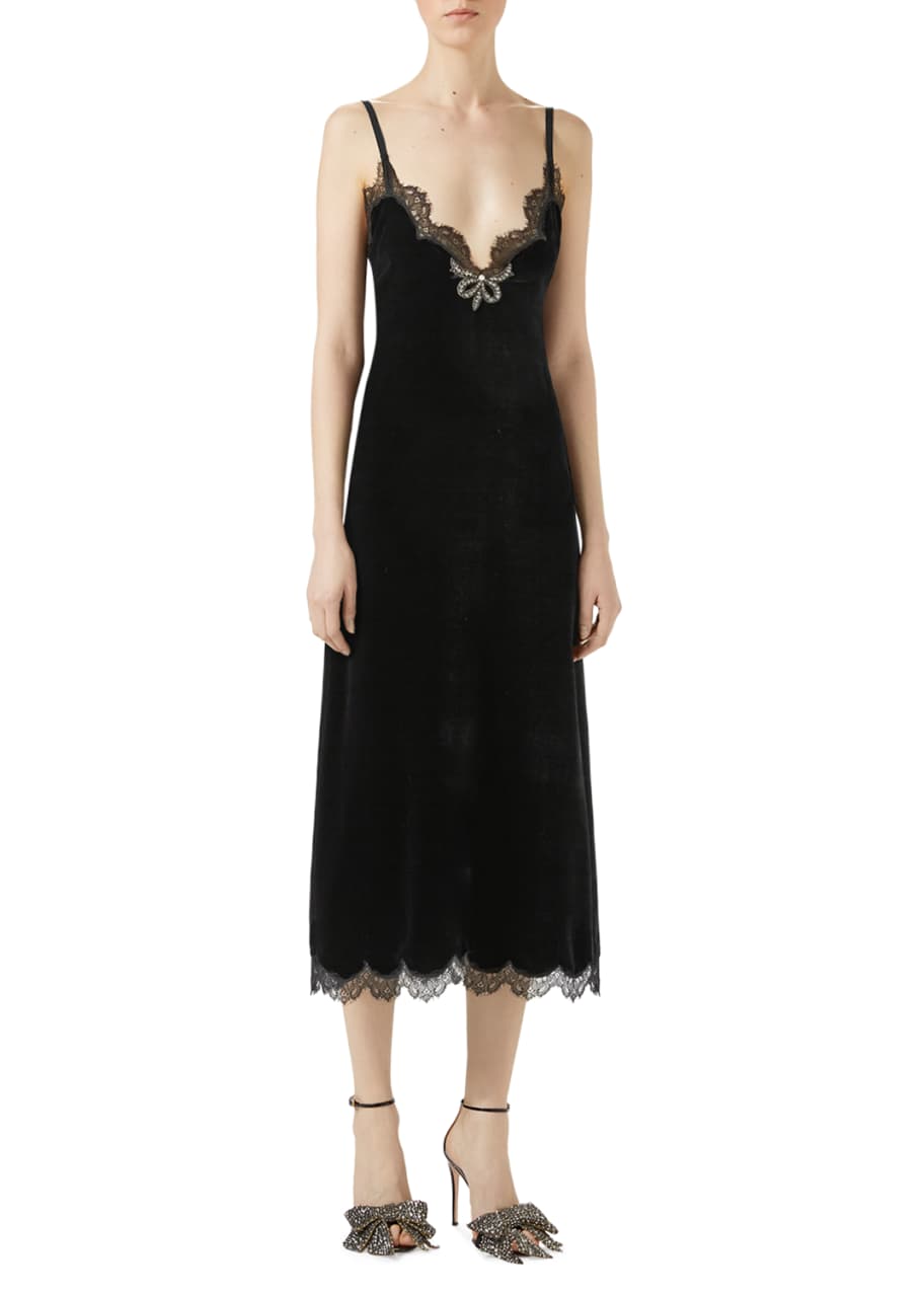 Image 1 of 1: Velvet Lace-Trim Slip Dress, Black