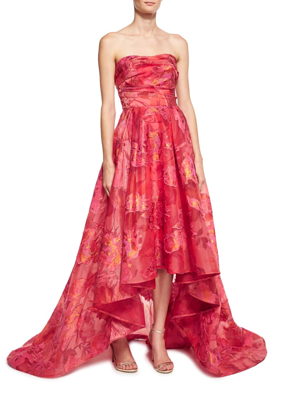 Image 1 of 1: Strapless Floral Fil Coupe High-Low Gown, Fuchsia