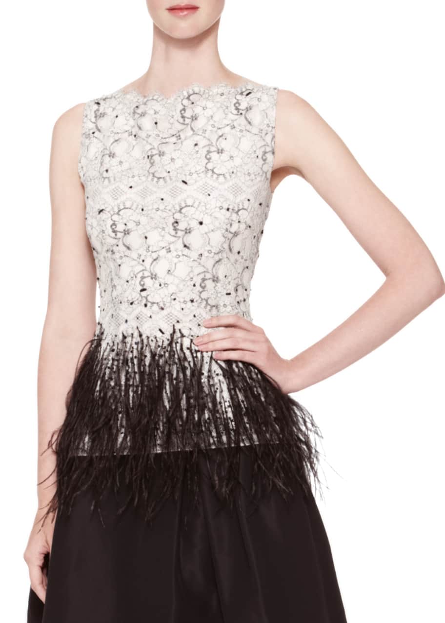 Image 1 of 1: Sleeveless Lace Blouse with Feather Trim
