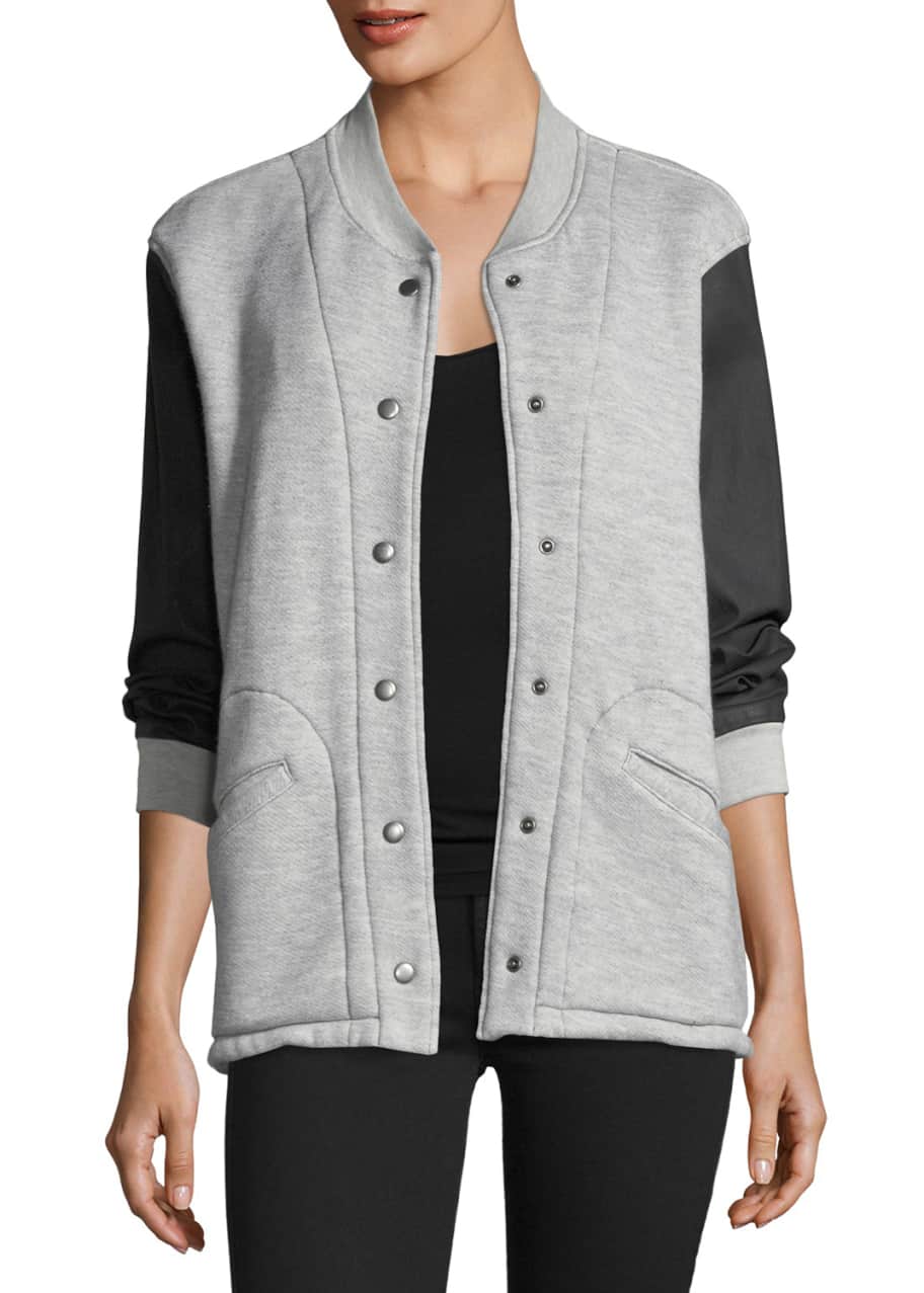 Image 1 of 1: Classic Snap-Front Varsity Jacket w/ Contrast Sleeves