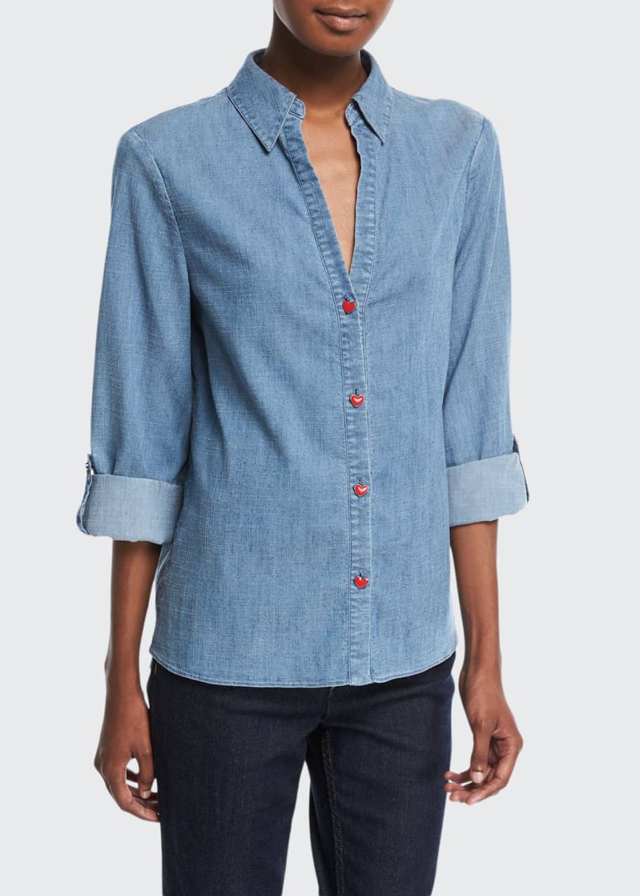 Image 1 of 1: Elosie Button-Front Denim Shirt w/ Graphic Message