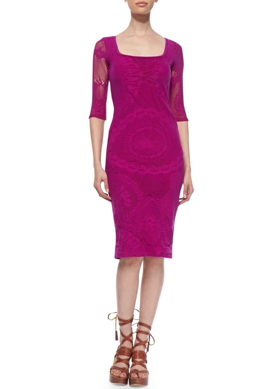 Image 1 of 1: 3/4-Sleeve Lace Sheath Dress, Magenta