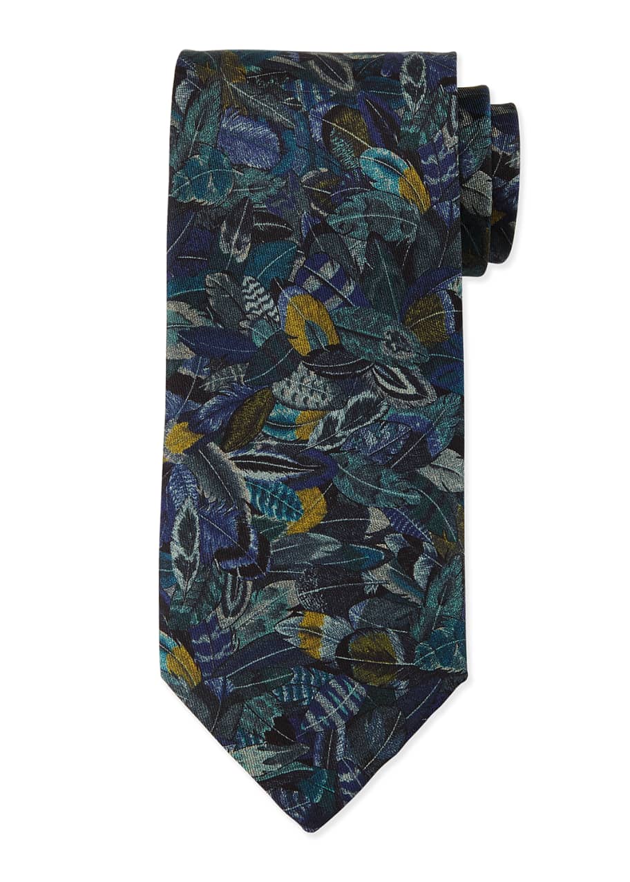 Image 1 of 1: Plume-Print Silk Tie, Gray