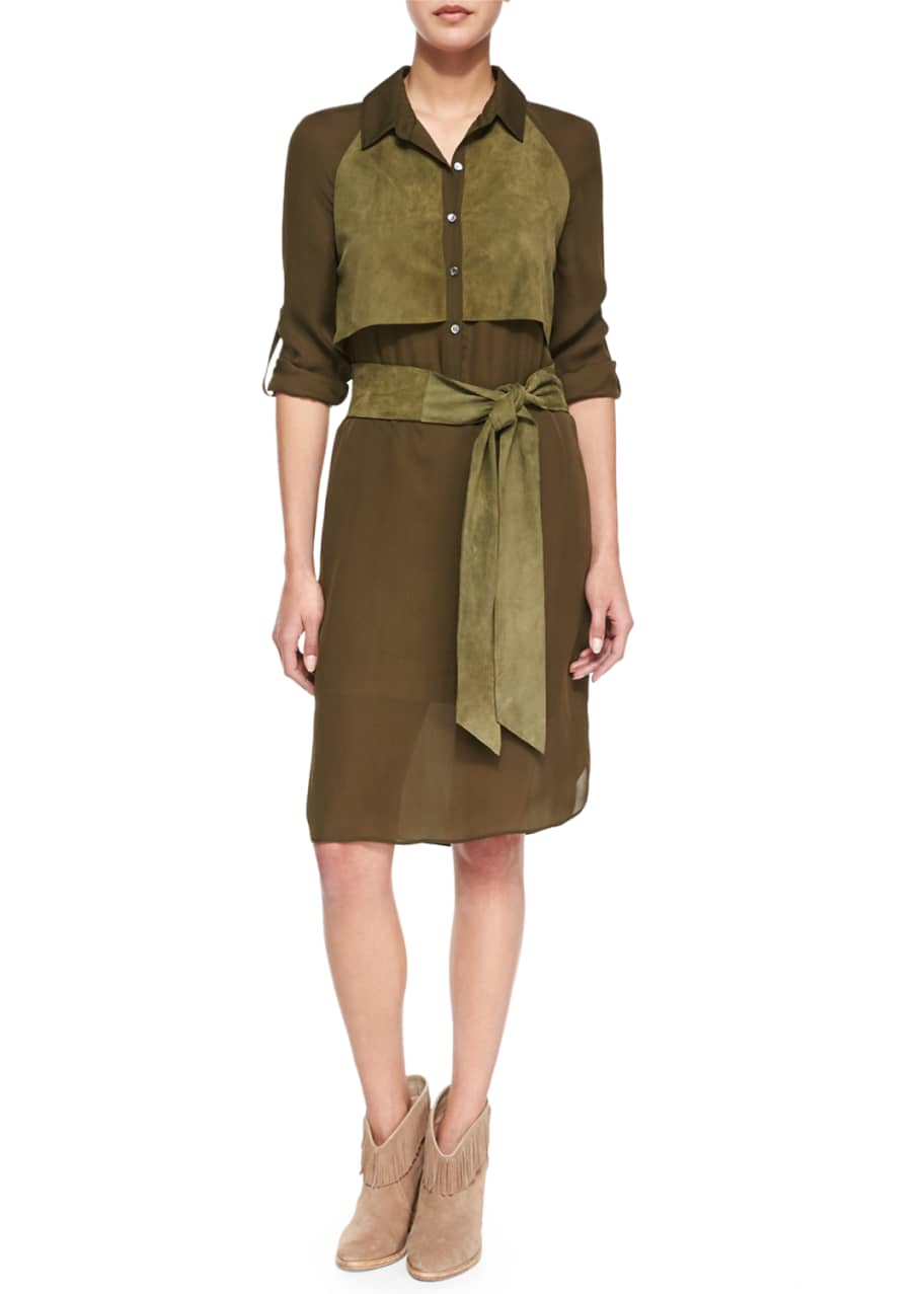Image 1 of 1: Long-Sleeve Two-Tone Belted Dress, Military