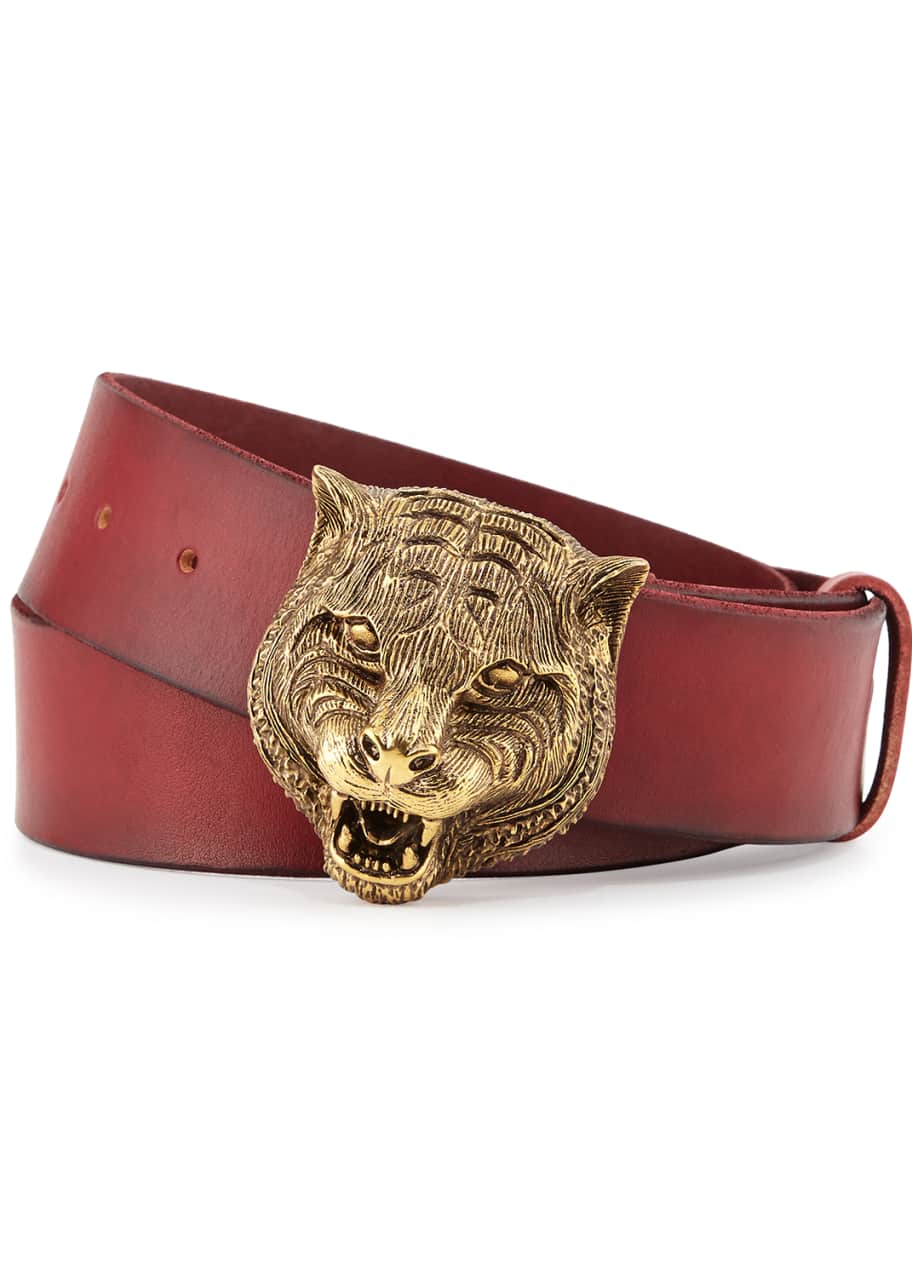 Image 1 of 1: Men's Leather Belt with Tiger Buckle