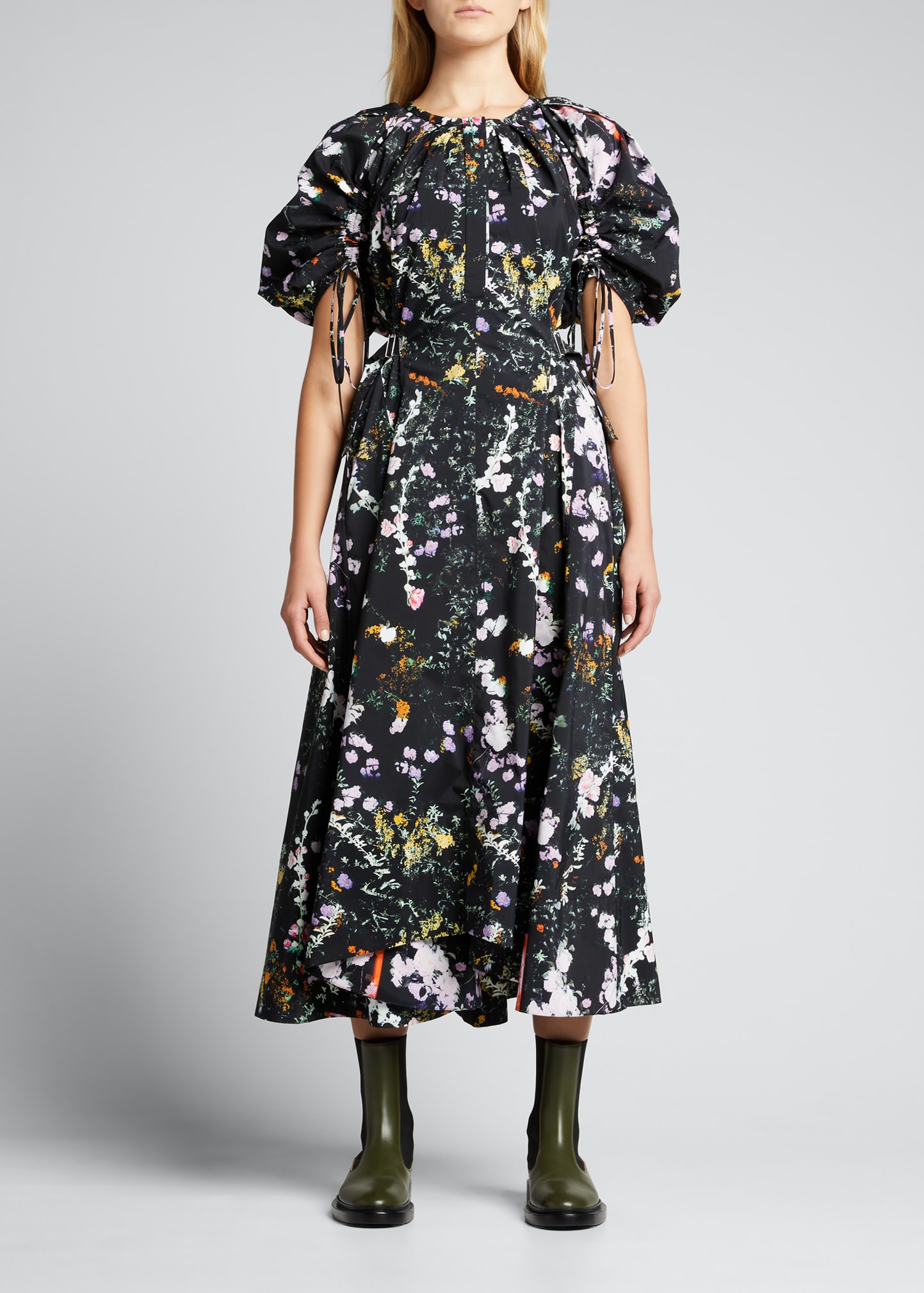 3.1 Phillip Lim Floral Shirred Puff-sleeve Midi Dress In Black Multi ...