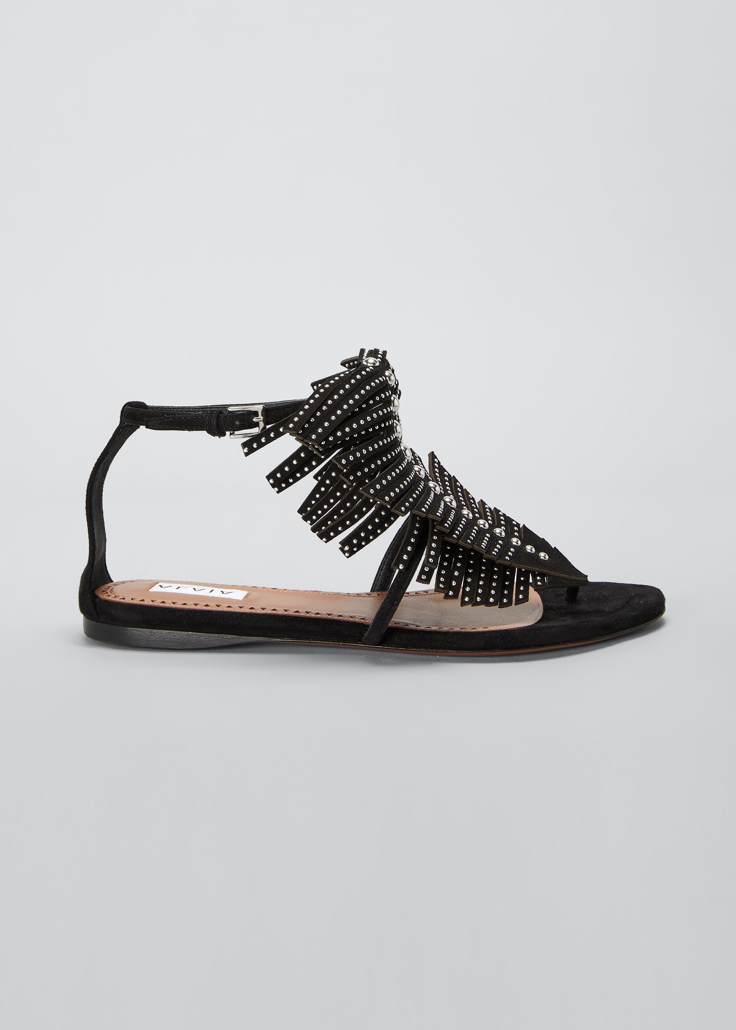 Alaïa Studded Suede Strappy Flat Sandals In Noir | ModeSens