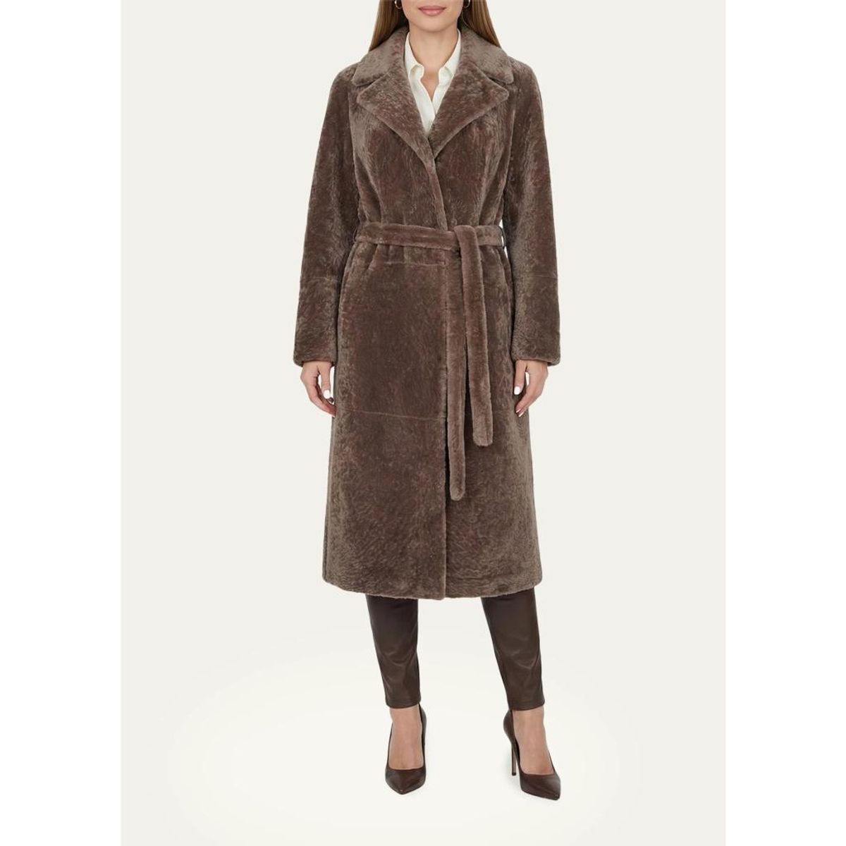 Textured Shearling Lamb Long Wrap Coat