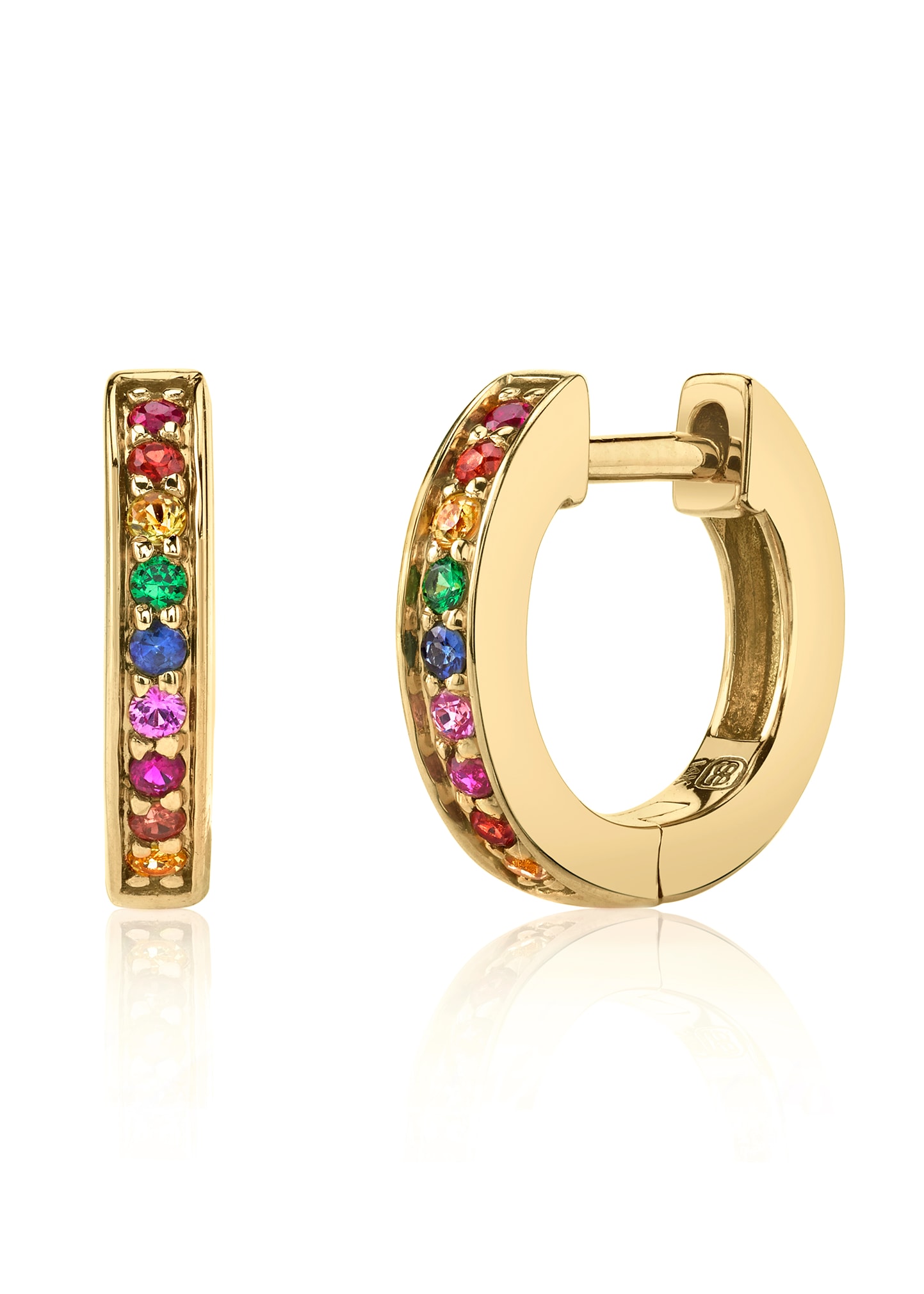 Shop Sydney Evan 14k Gold Rainbow Sapphire Huggie Hoop Earrings In Multi