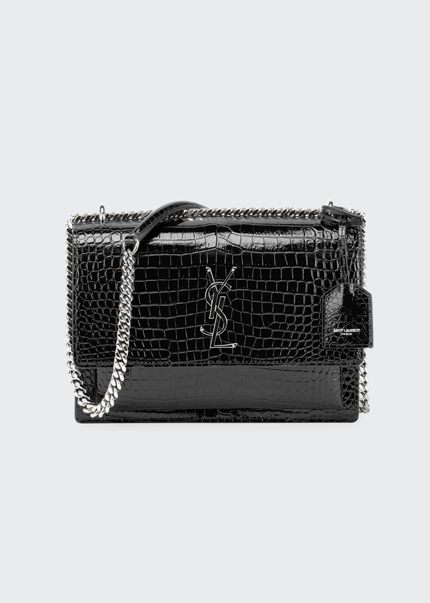 Shop Saint Laurent Sunset Medium Ysl Crossbody Bag In Croc-embossed Leather In Black