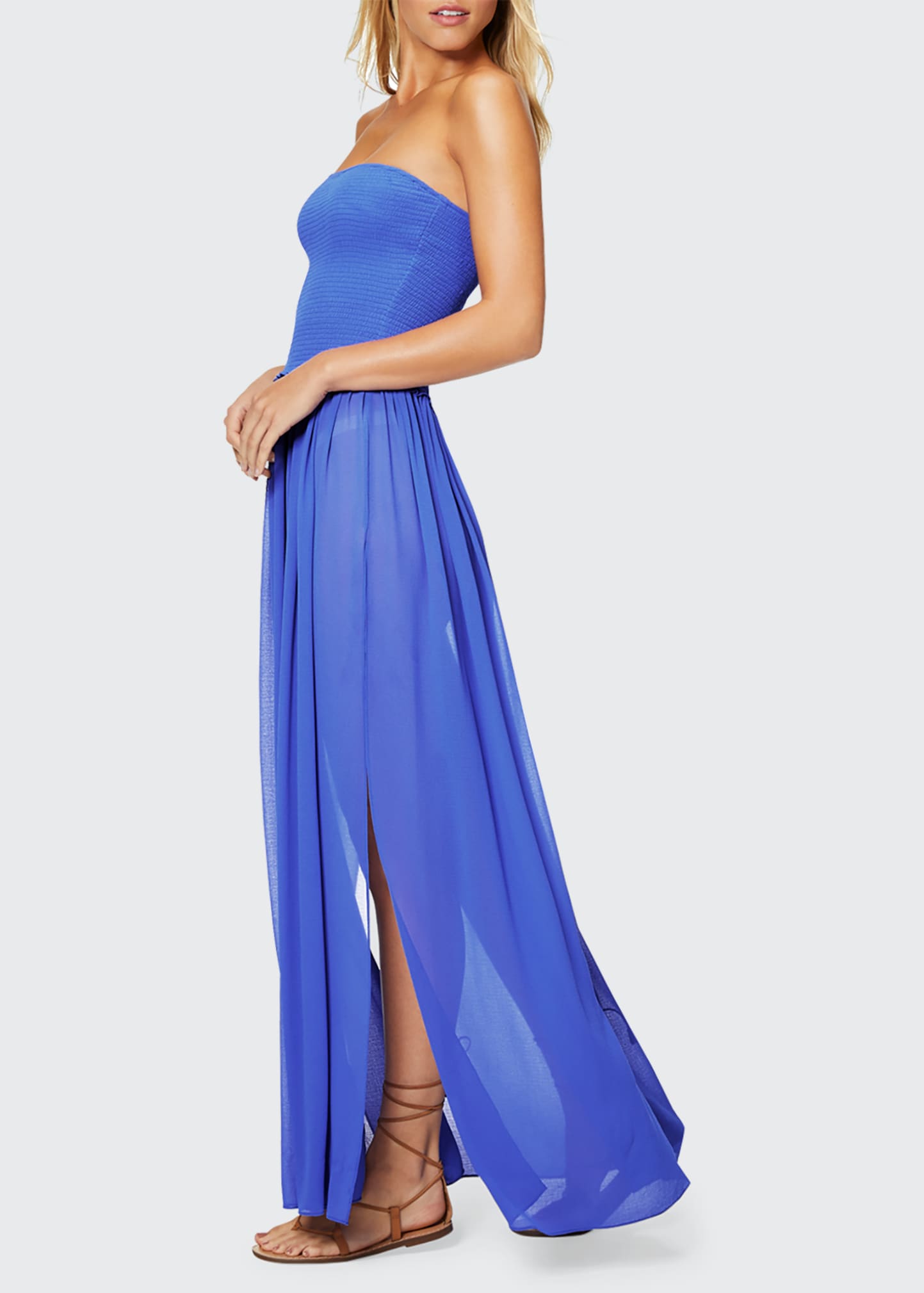 Ramy Brook Calista Smocked Strapless Side-split Coverup Dress In Periwinkle