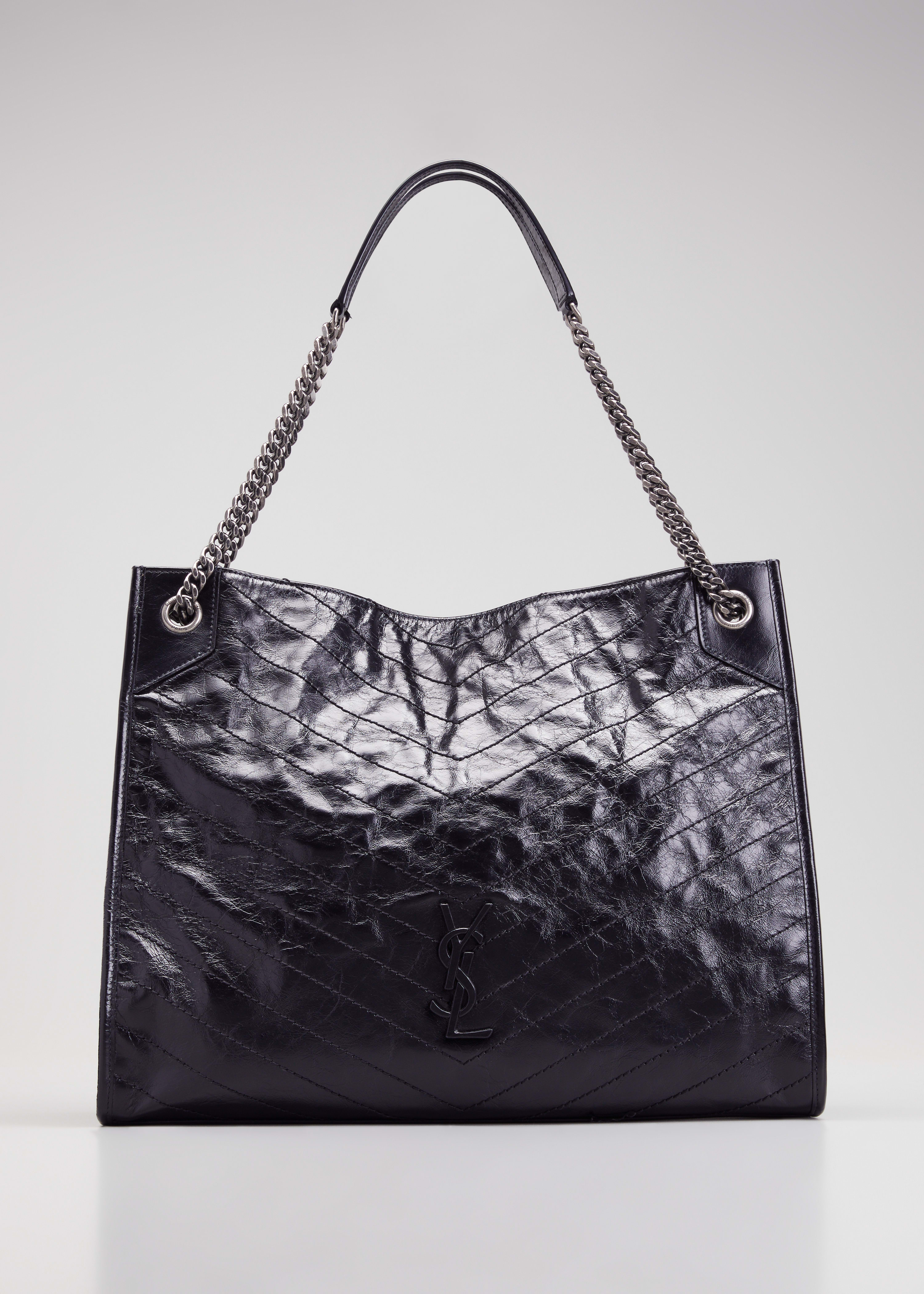 Shop Saint Laurent Niki Large Ysl Shopper Tote Bag In Crinkled Leather In Black