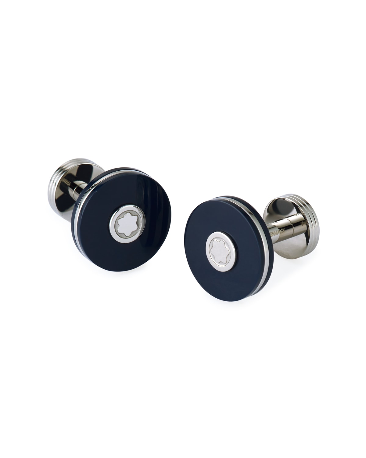 Montblanc Cufflinks, Round In Stainless Steel With Blue Resin In Blue