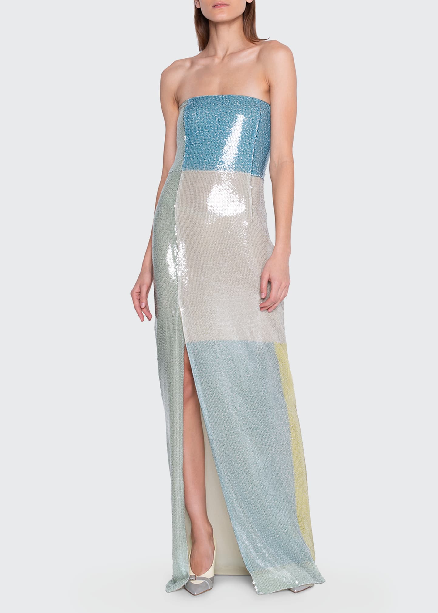 Sequin-Colorblocked Strapless Gown