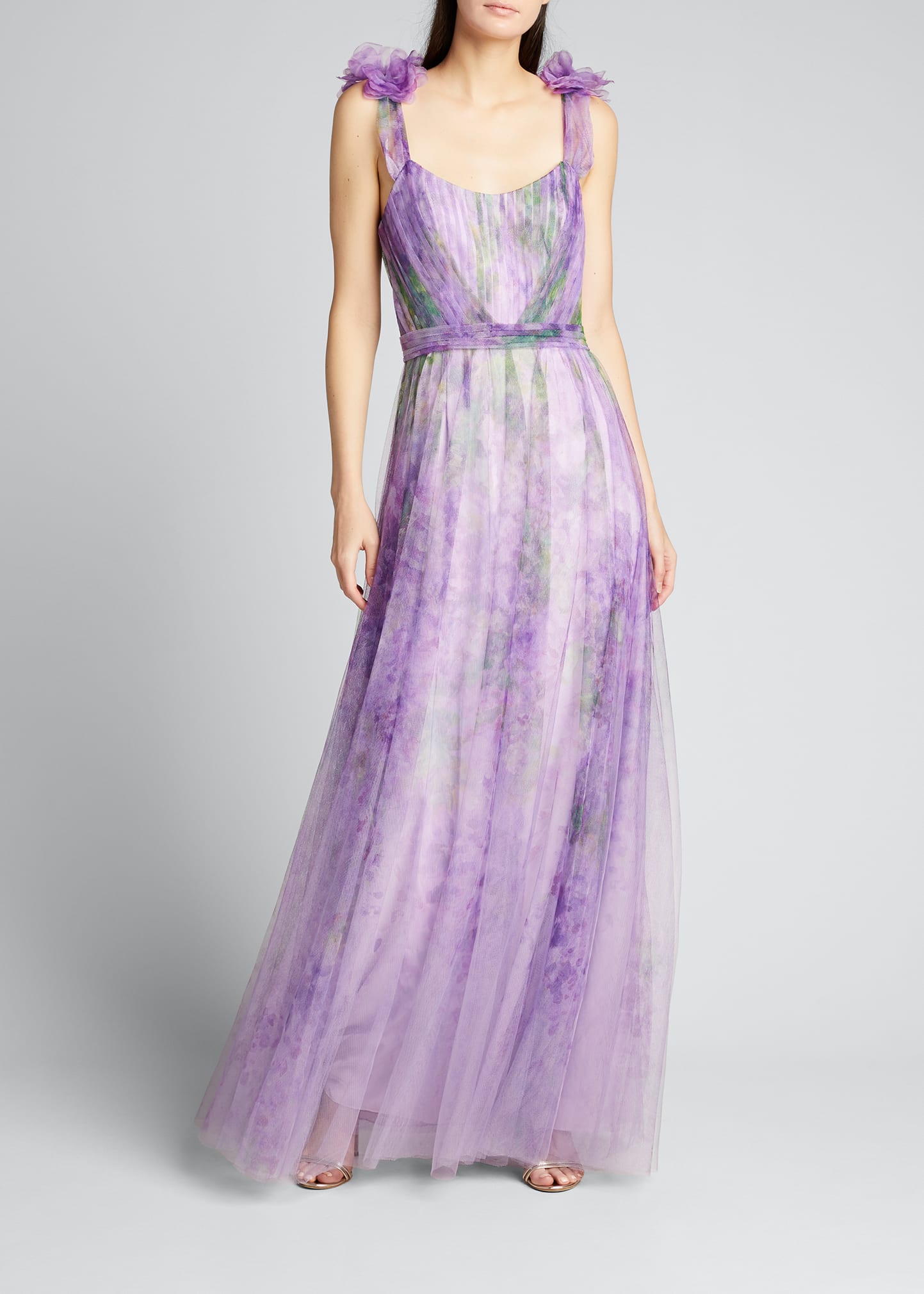 Watercolor Printed Tulle Gown with Draped Bodice