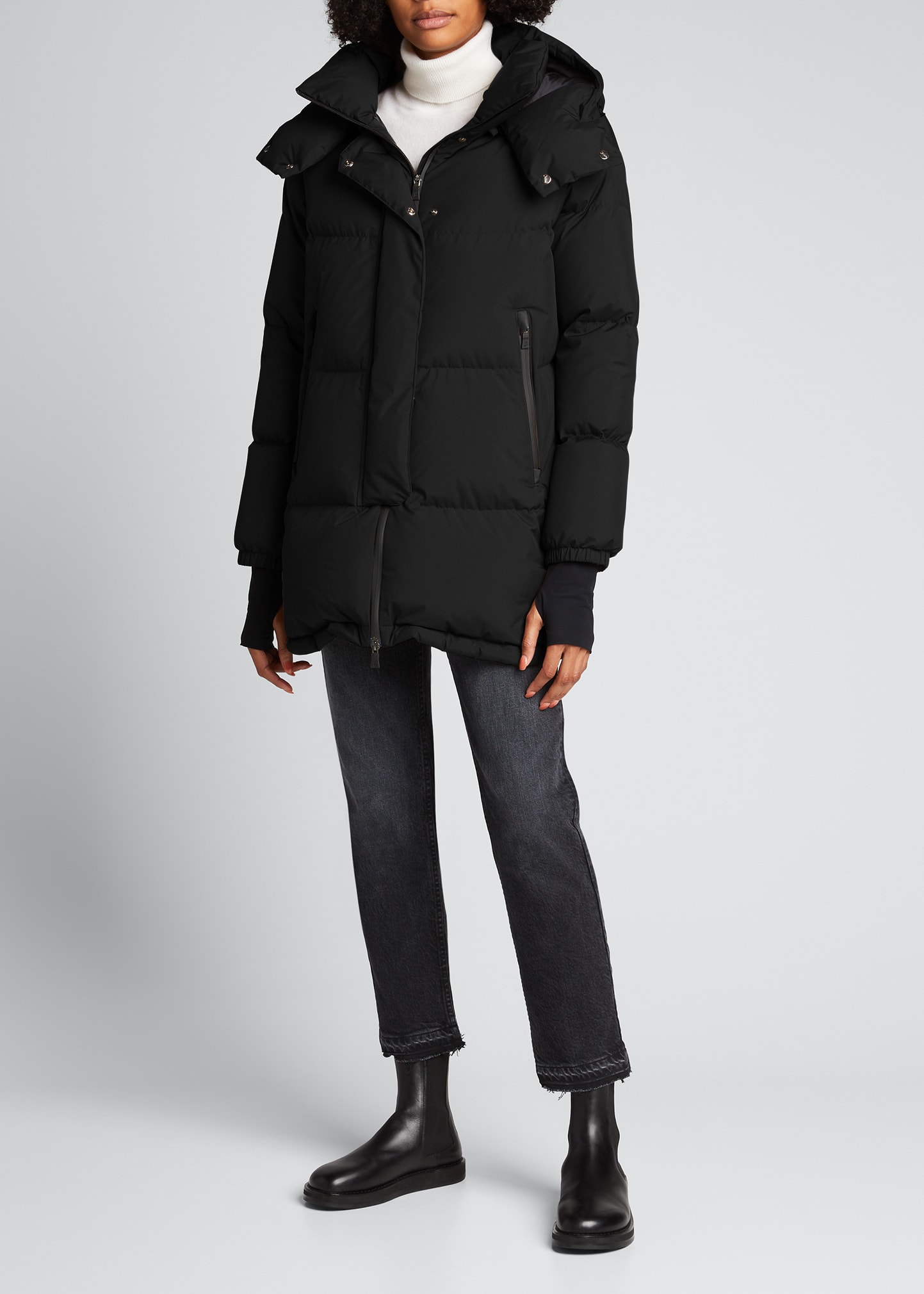 Herno Woven Puffer Coat With Hood In Black Damage