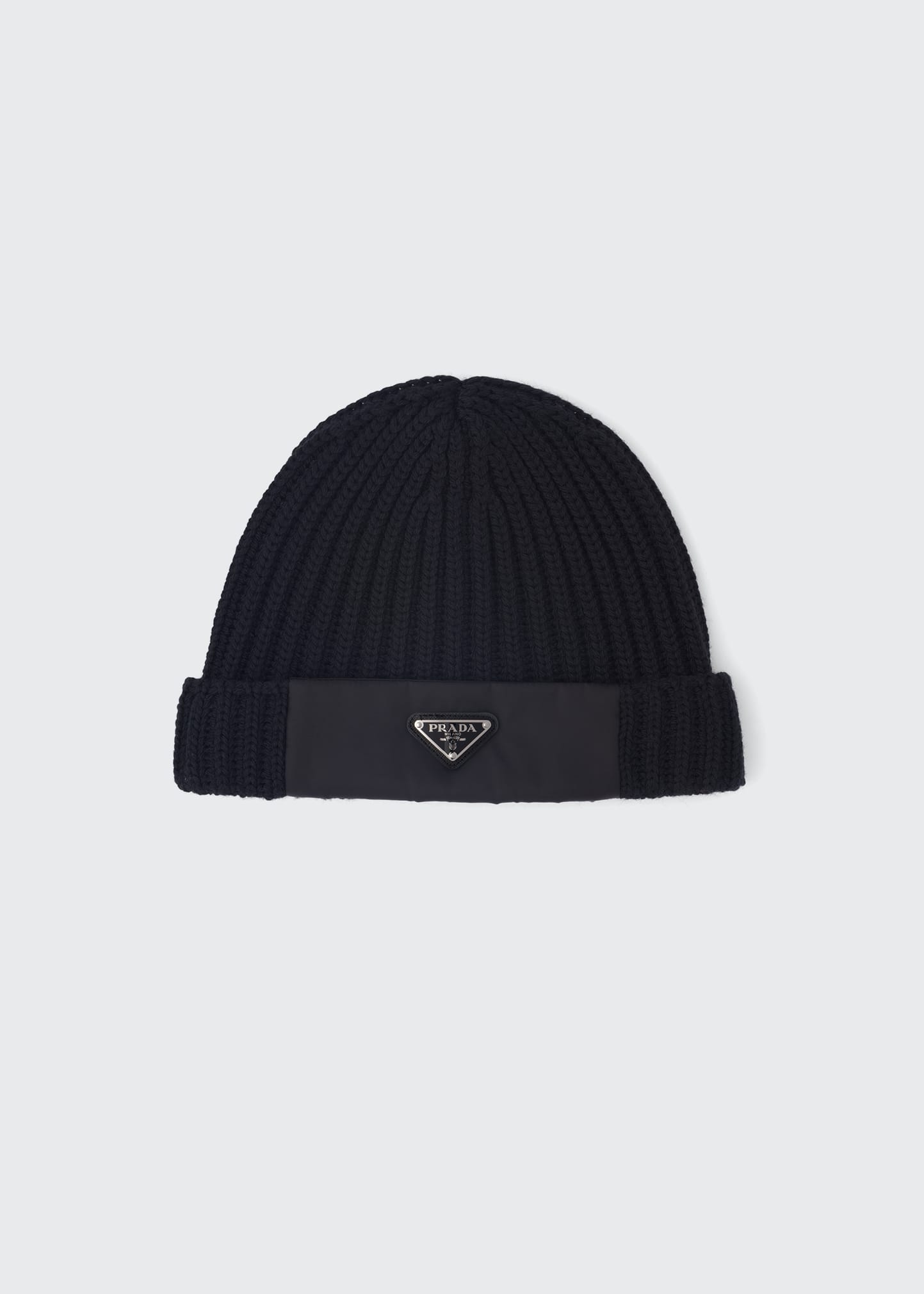 Prada Mens Black Re-nylon Wool And Recycled Polyamide-blend Beanie Hat In Nero