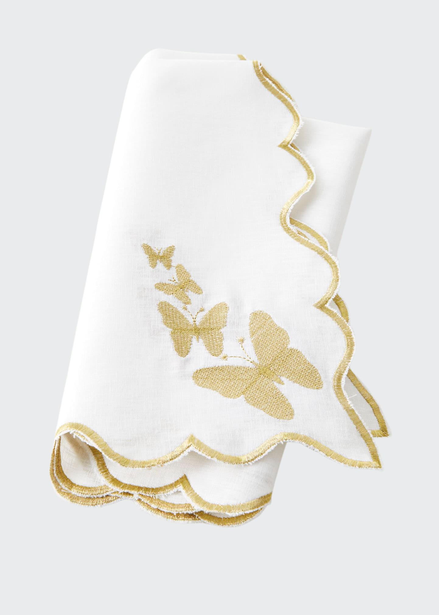 Nomi K White Linen Butterfly Gold Embroidery Napkin, 24"sq. In Blue