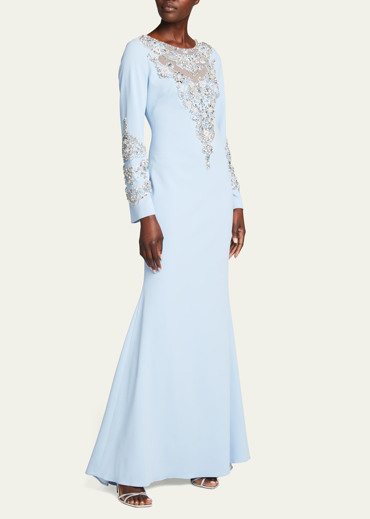 Badgley Mischka Collection Long-Sleeve Beaded Illusion Gown