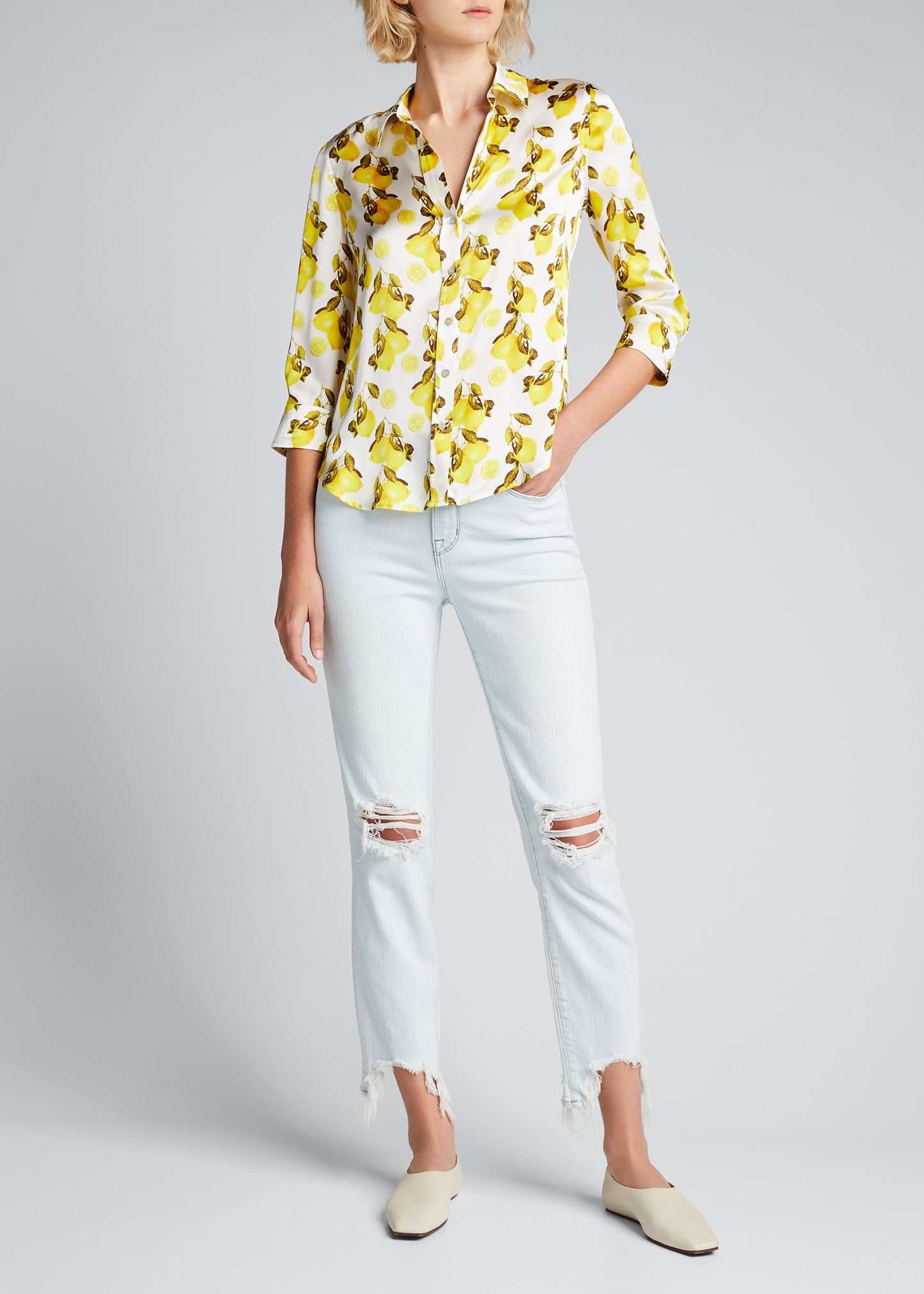 L Agence Dani 3/4-sleeve Lemon-print Blouse In Cotton Candy Mult