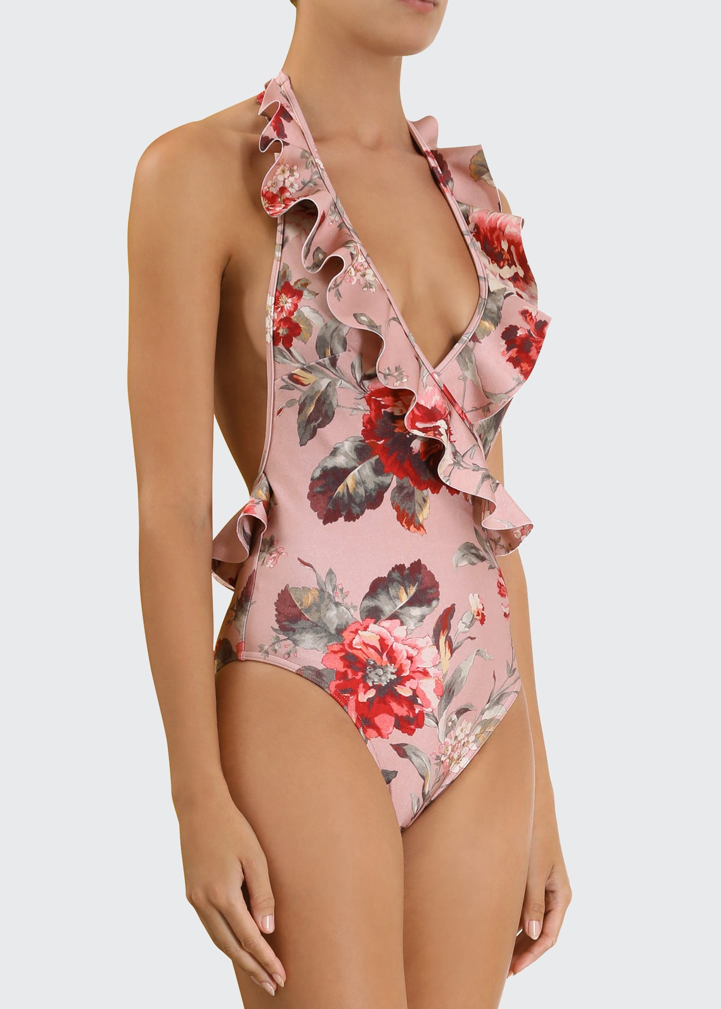 Zimmermann Devi Floral Print Ruffle One-Piece Swimsuit in Spliced