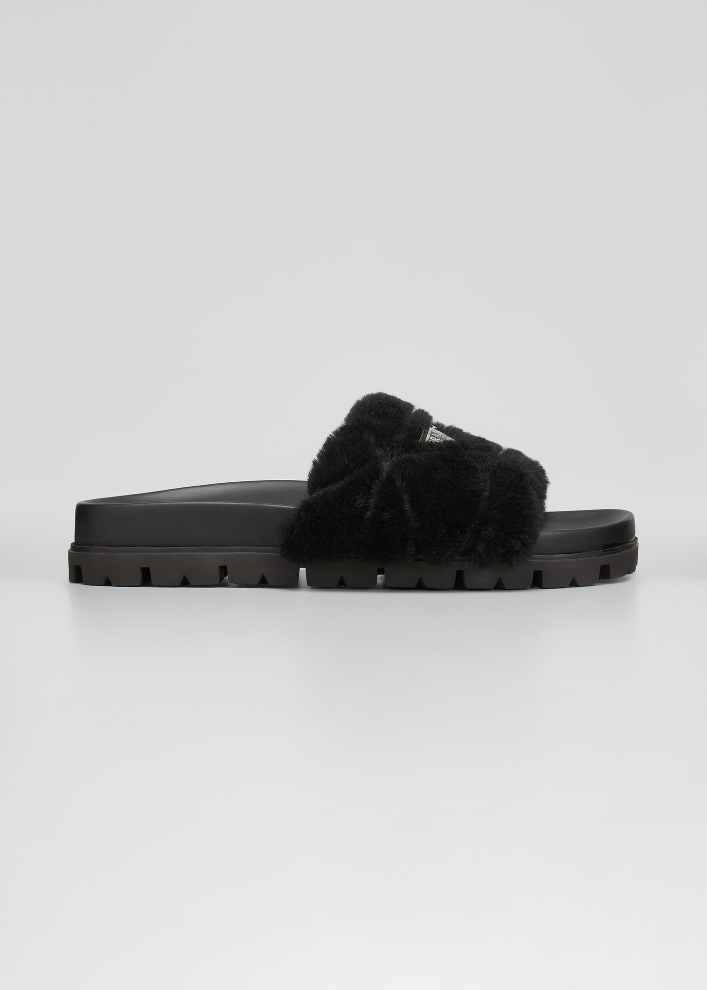 Prada logo-plaque Shearling Slippers Black