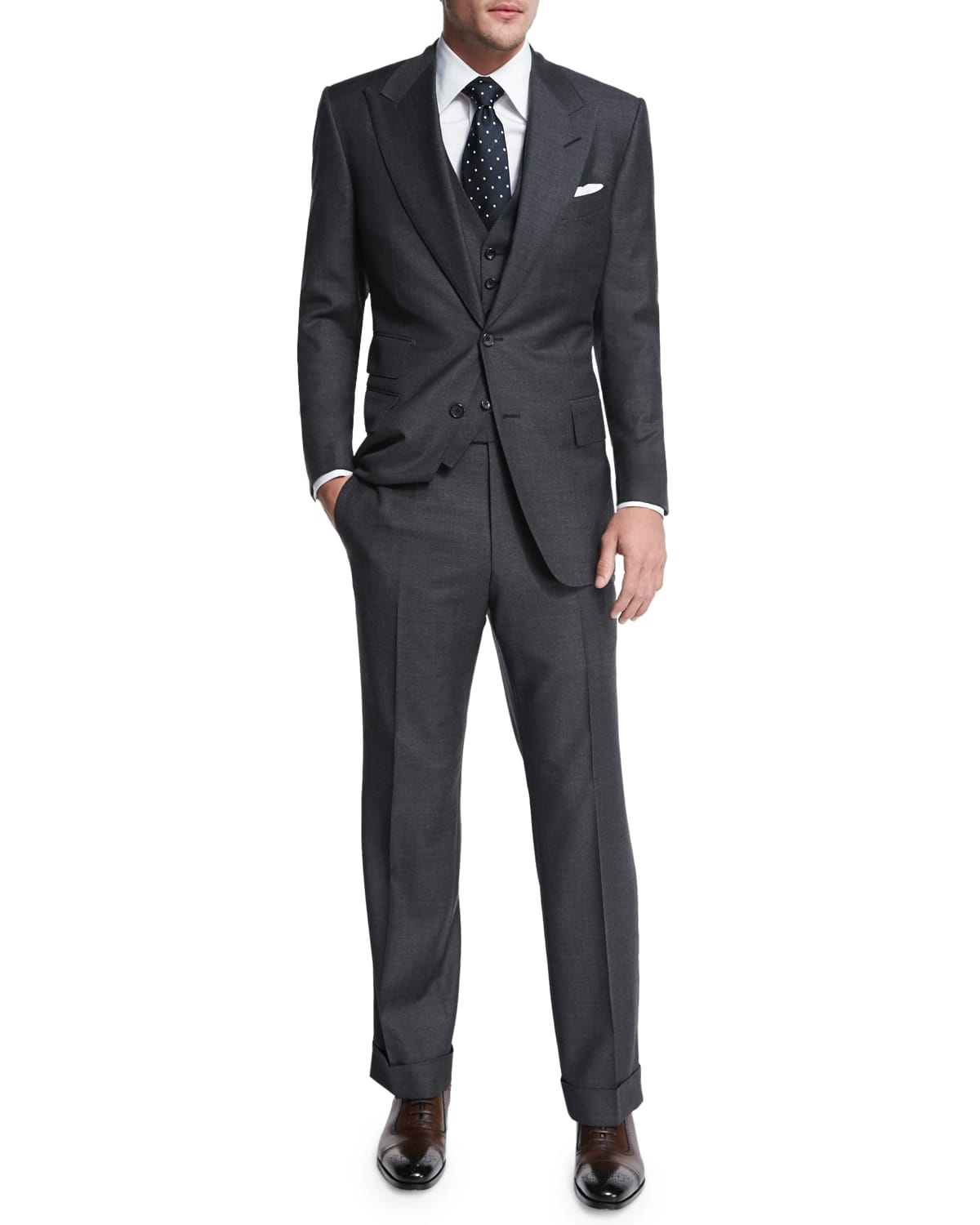 Tom Ford Windsor Base Sharkskin Three-piece Suit, Charcoal In Gray