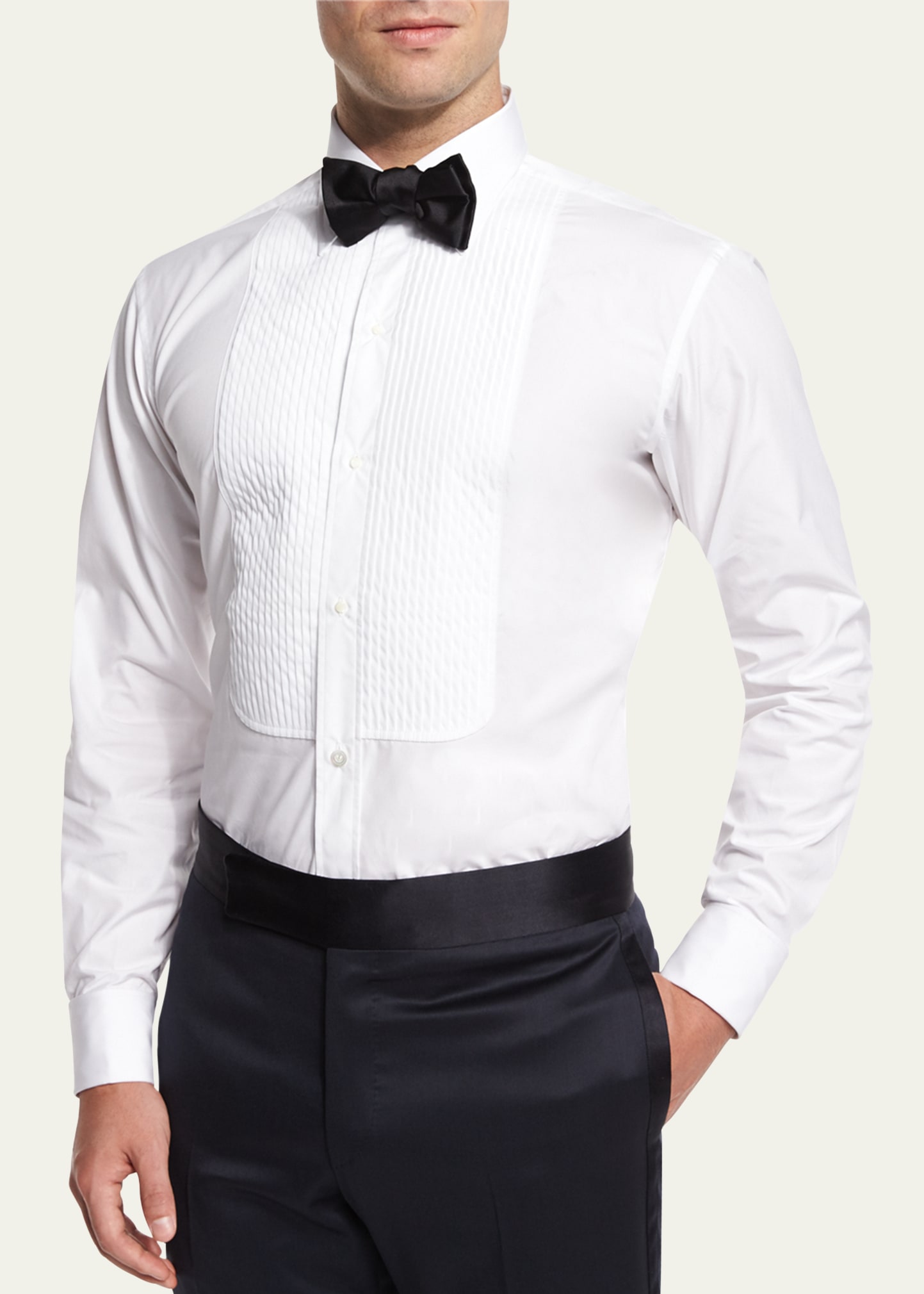 Basic Pleated Cotton Dress Shirt, White