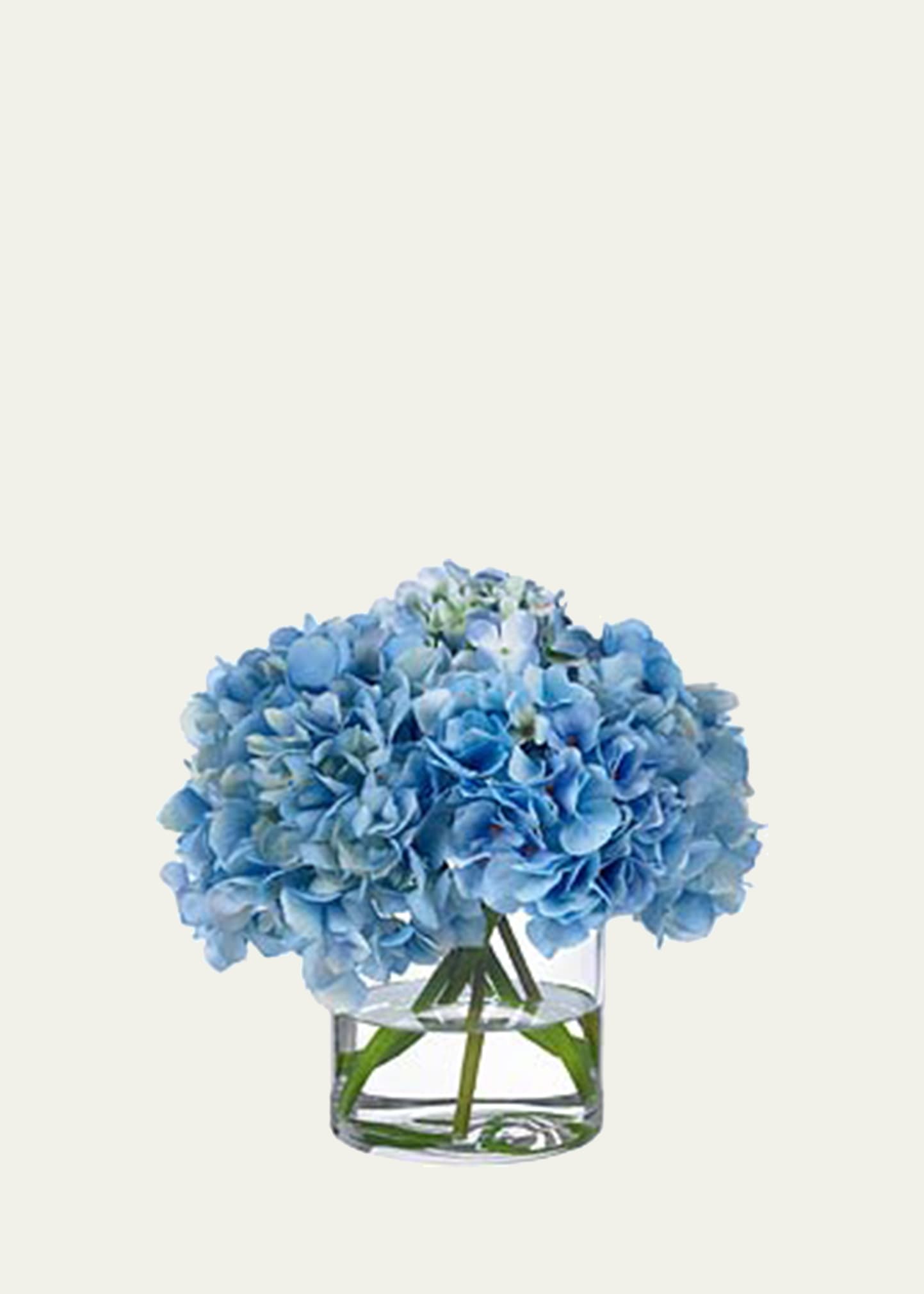 Blue Hydrangea Faux Floral in Glass Vase, 11"