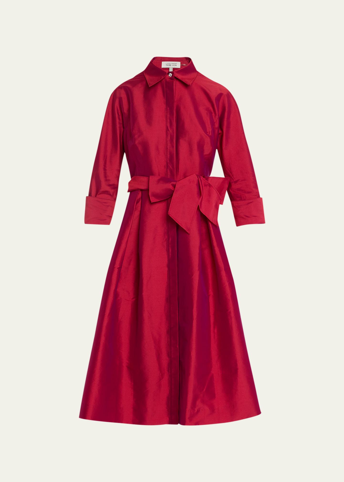 Rickie Freeman For Teri Jon 3/4-sleeve Belted Midi Shirtdress In Cherry