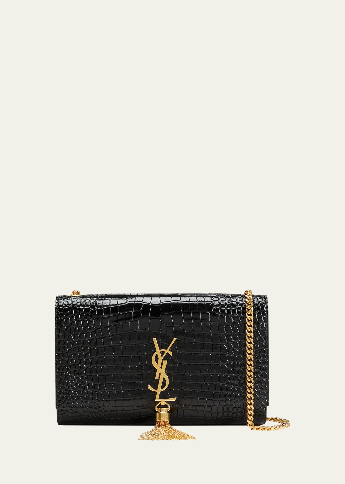 Saint Laurent Kate Monogram Ysl Medium Crocodile-embossed Tassel Shoulder Bag In Black