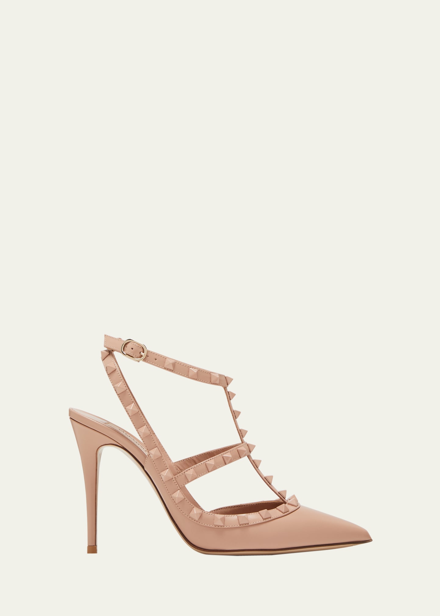 Valentino Pointed Toe Rockstud Pumps With Adjustable Ankle Strap In Rose Cannelle