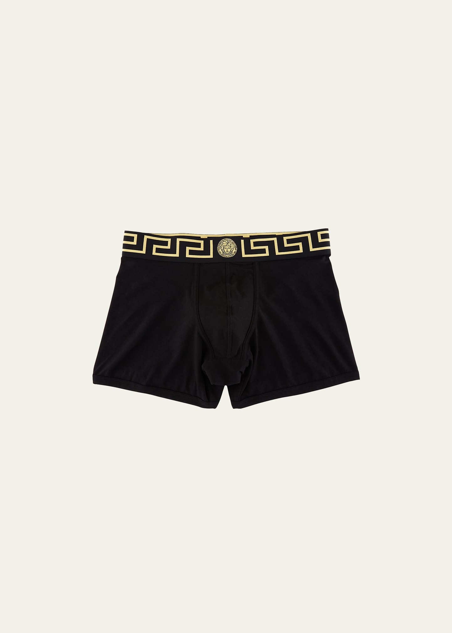 Shop Versace Greca Border Long Boxer Trunks In Black Gold