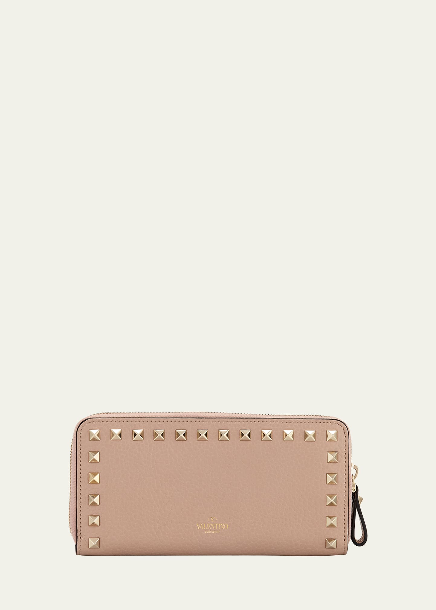 Valentino Rockstud Grainy Leather Zip Around Wallet In Beige