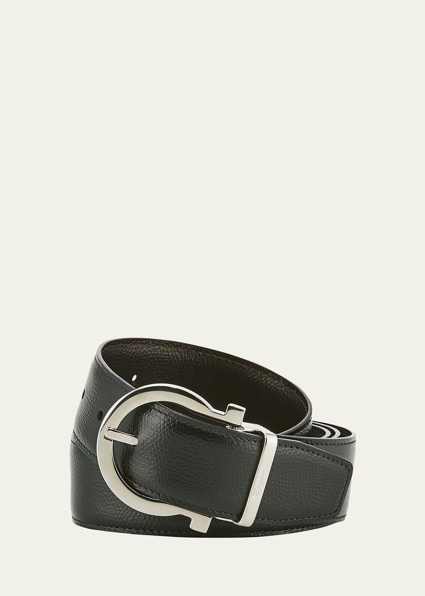 Ferragamo Men's Stamped Leather Gancio Buckle Belt In Black/hickory