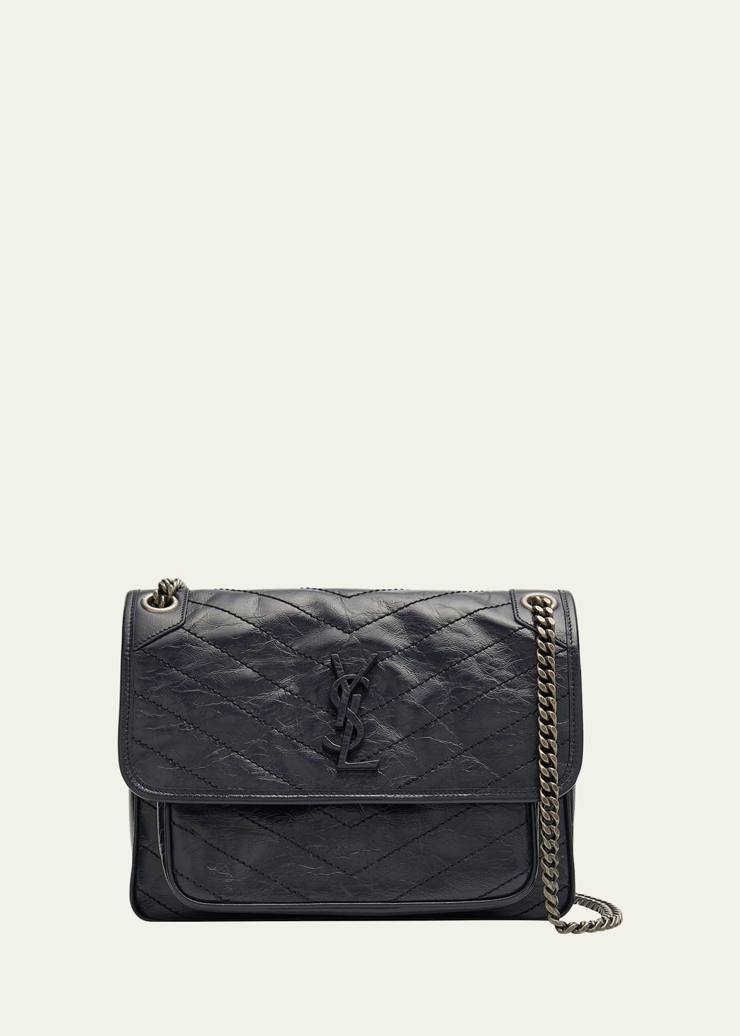 Niki Medium Flap YSL Shoulder Bag in Crinkled Leather