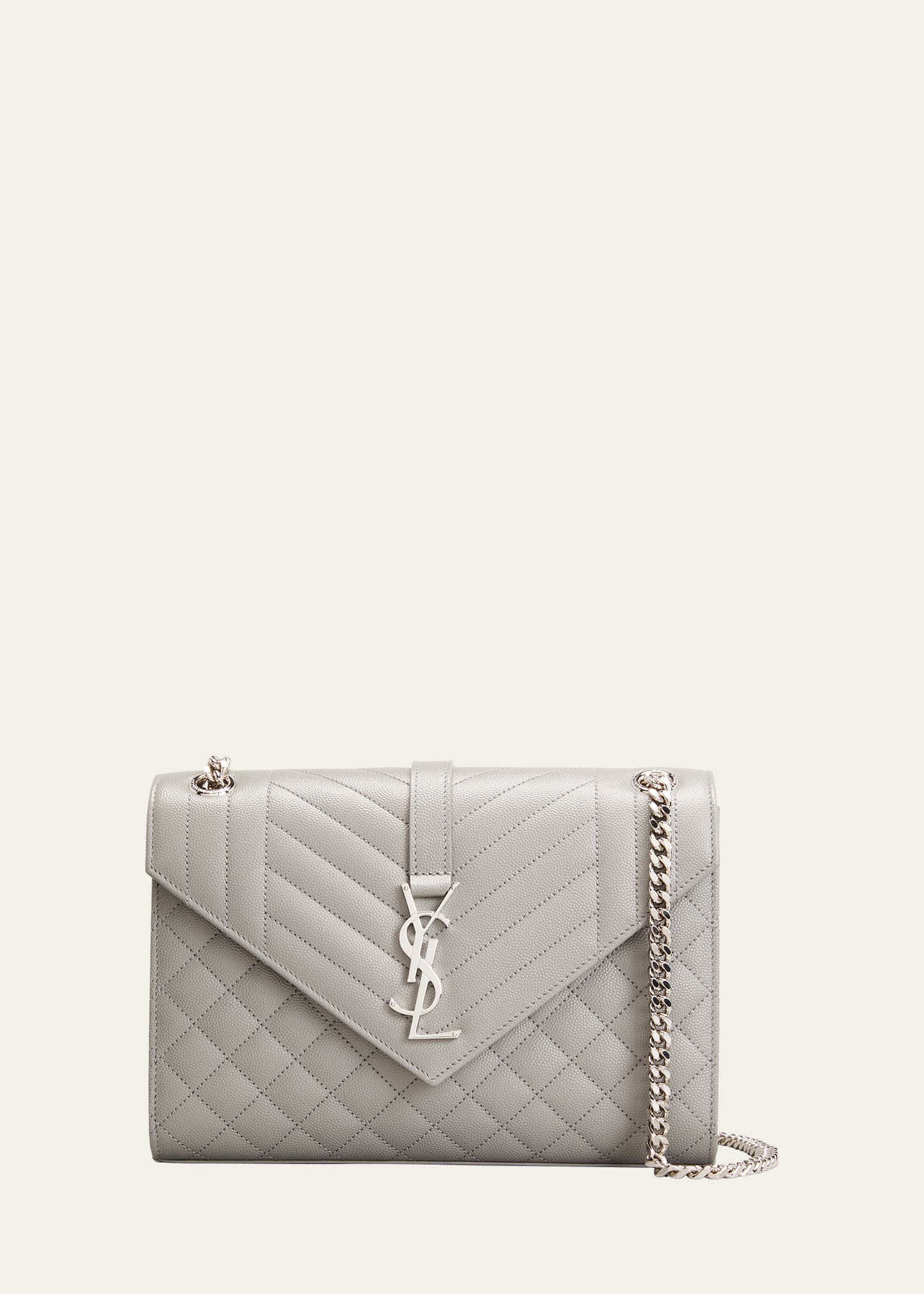 Saint Laurent Medium Tri-quilted Matelasse Grain De Poudre Flap Shoulder Bag, Silvertone Hardware In New Stone