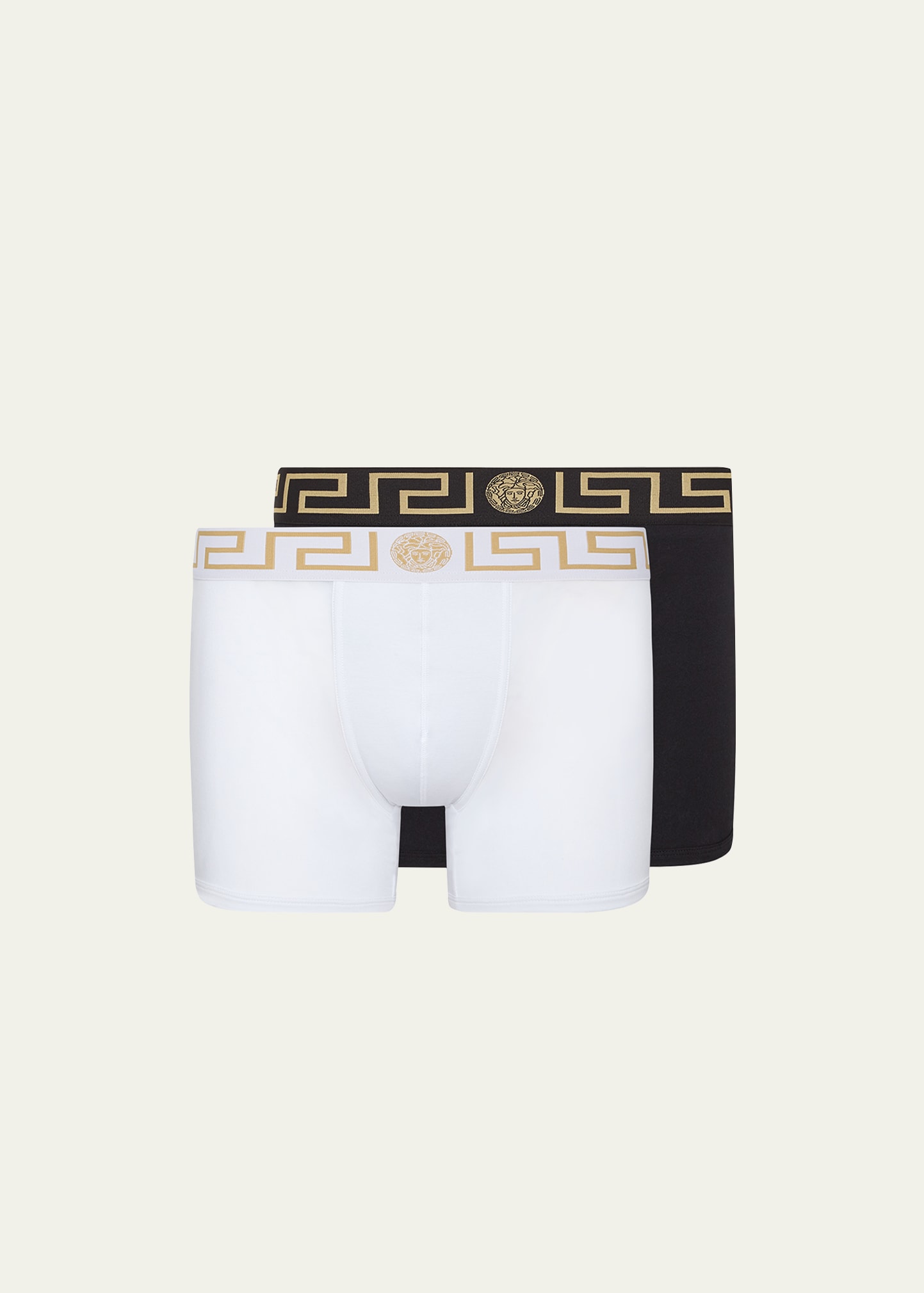 Versace Two-pack Greca Border Long Boxer Trunks In Blue/gold