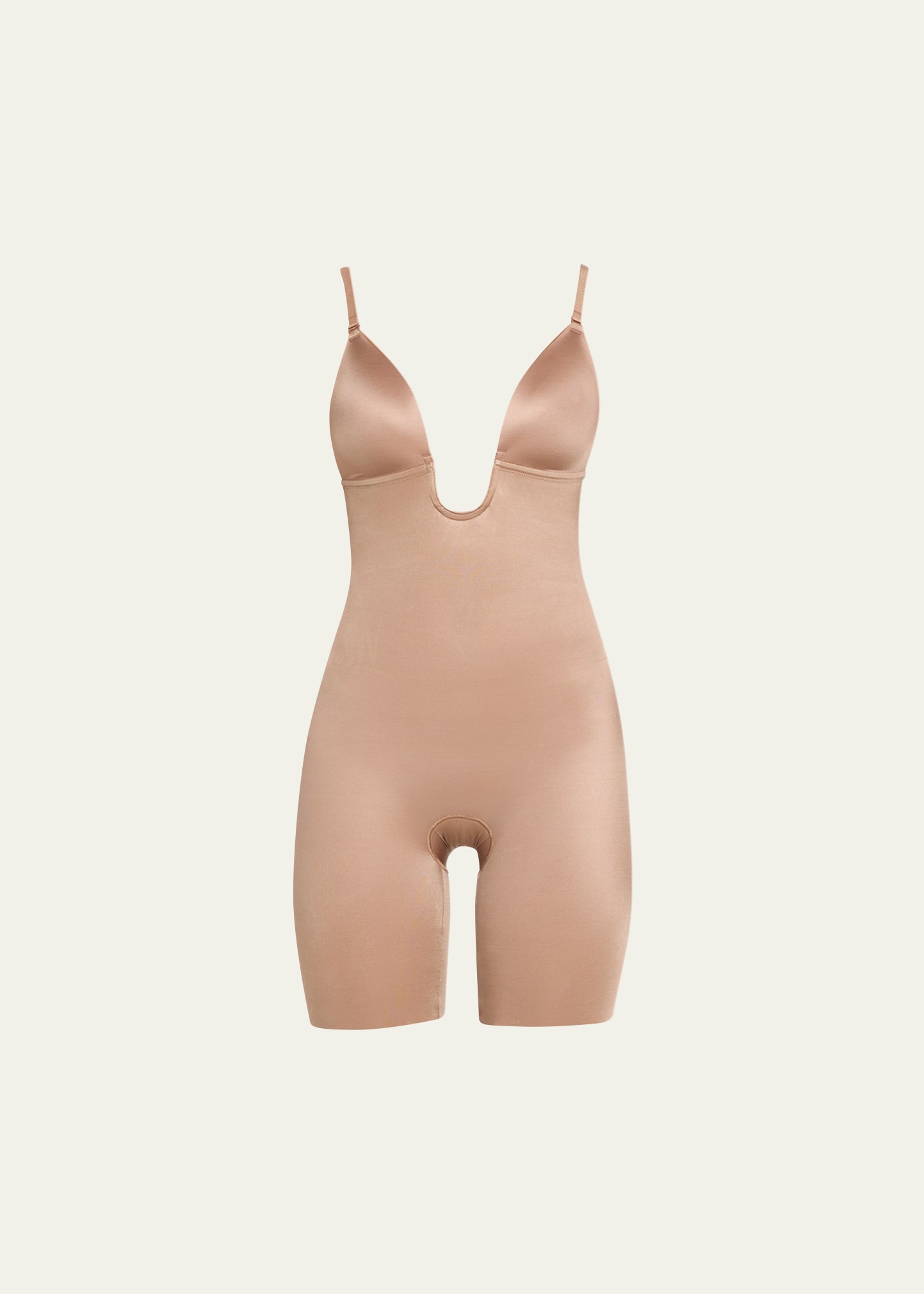 Spanx Suit Your Fancy Plunge Low-back Mid-thigh Bodysuit In Cafe Au Lait