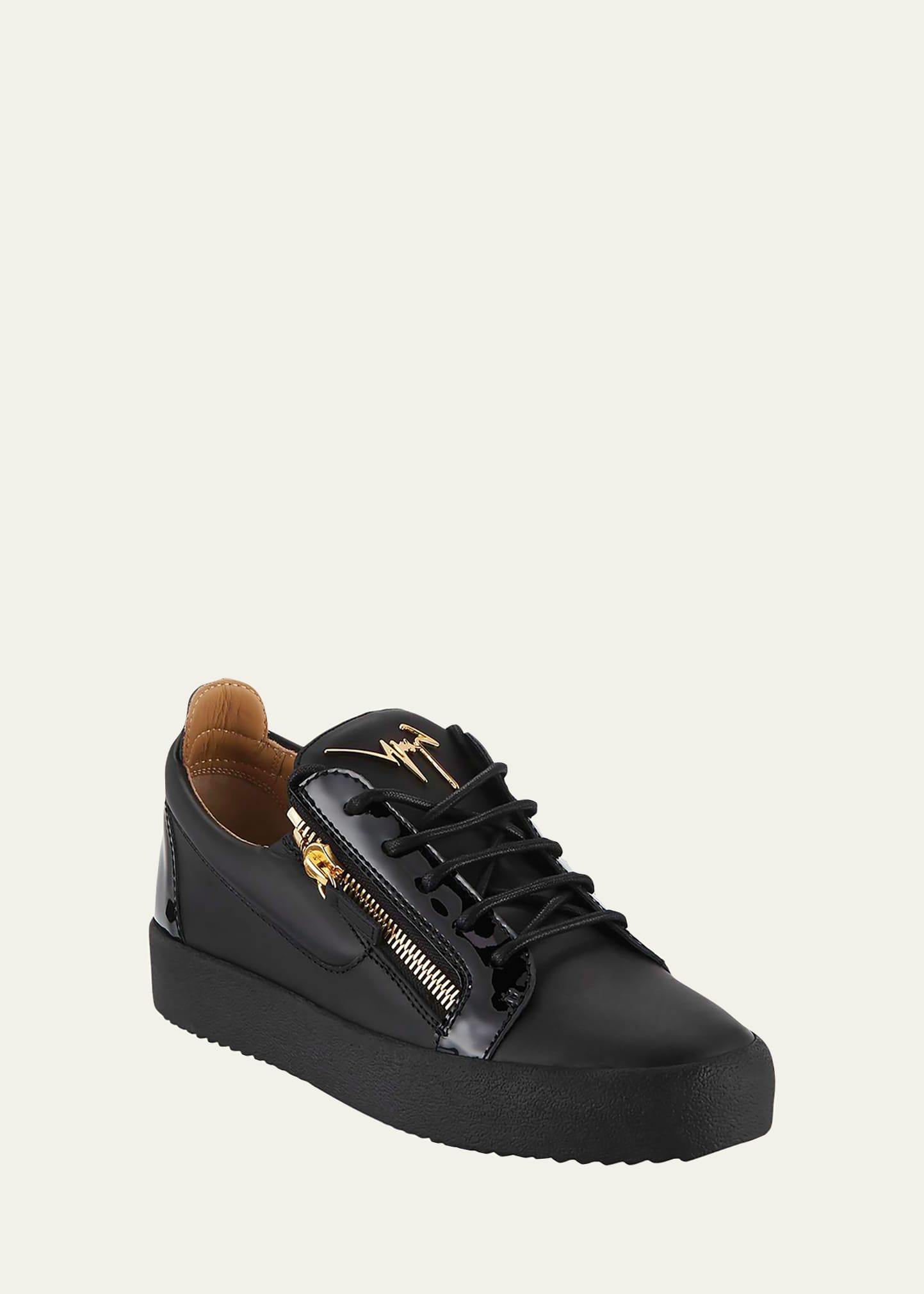 Giuseppe Zanotti Black Leather Sneakers With Patent Accents In Black