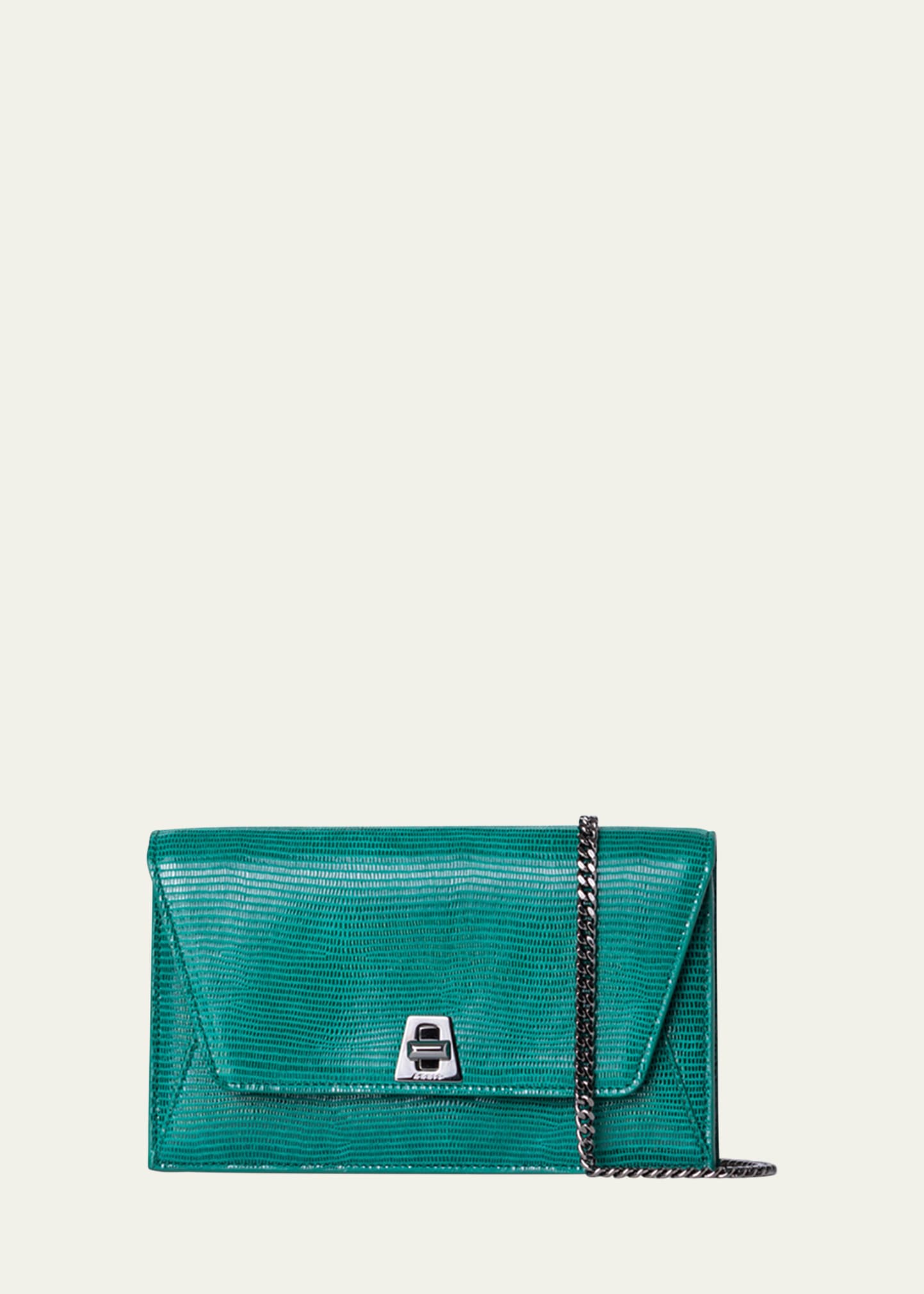 Shop Akris Anouk Lizard-print Clutch Bag W/ Chain In Emerald