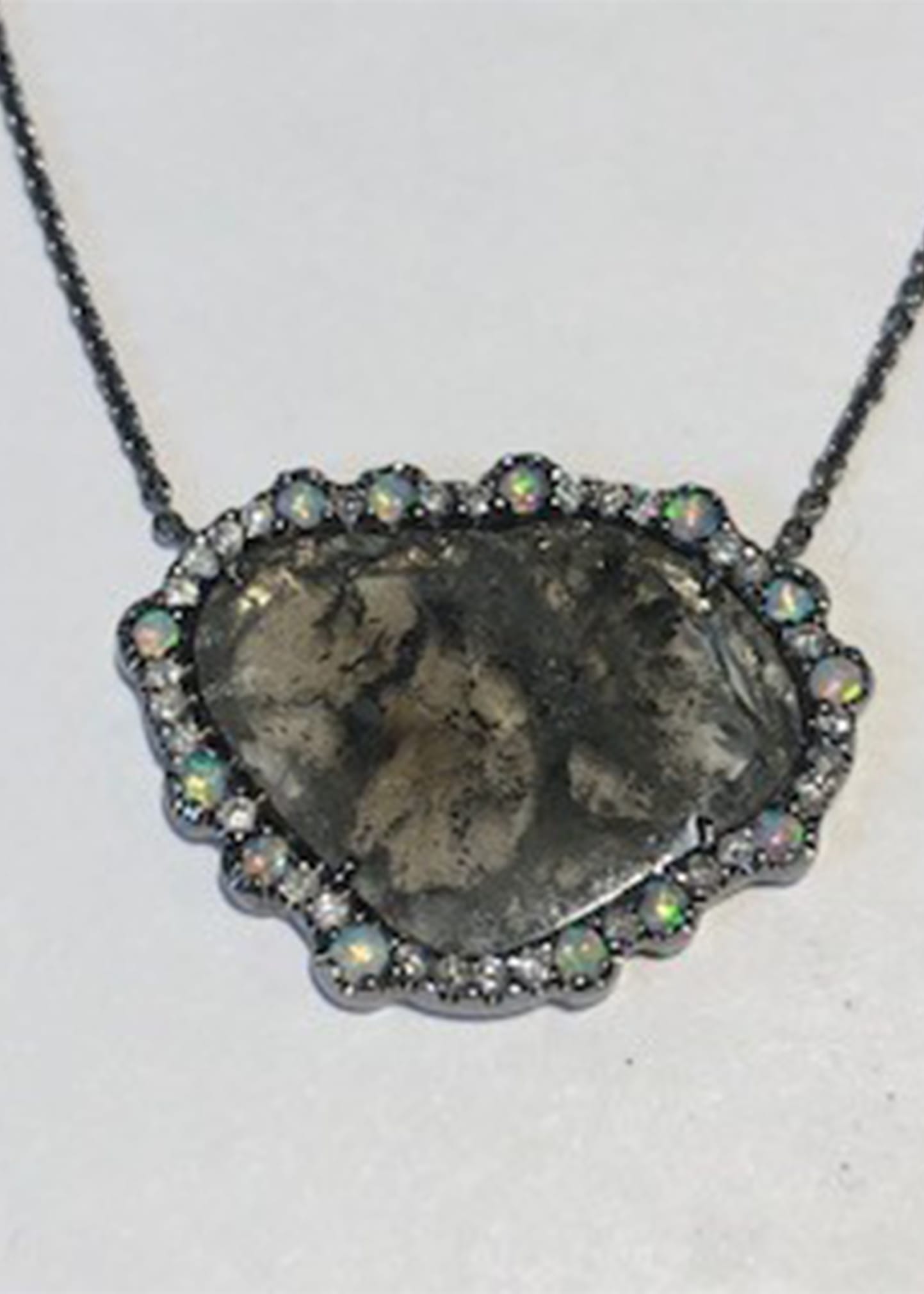 18K White Gold Crystal Opal Diamond Pendant Necklace